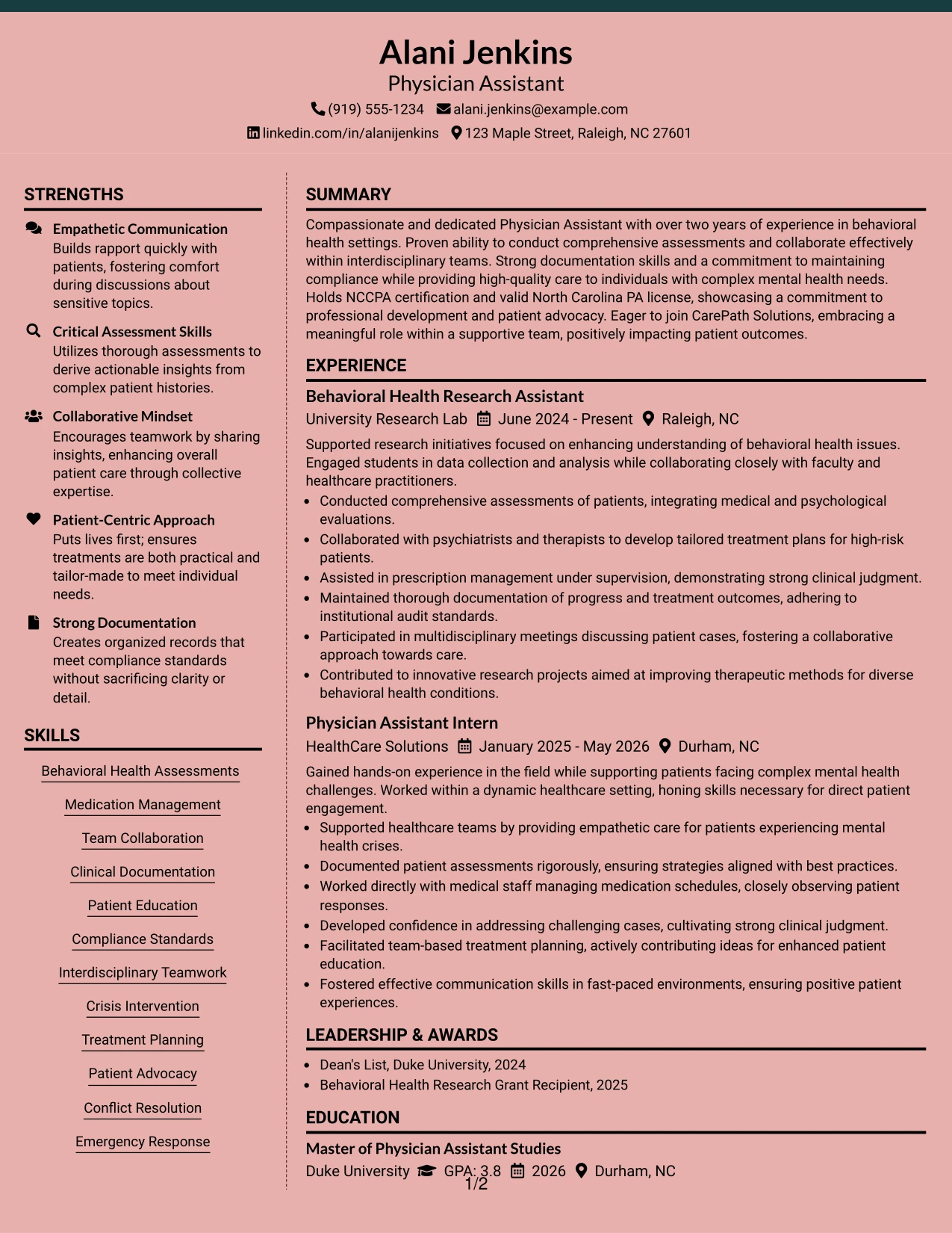Resume Example Page 1