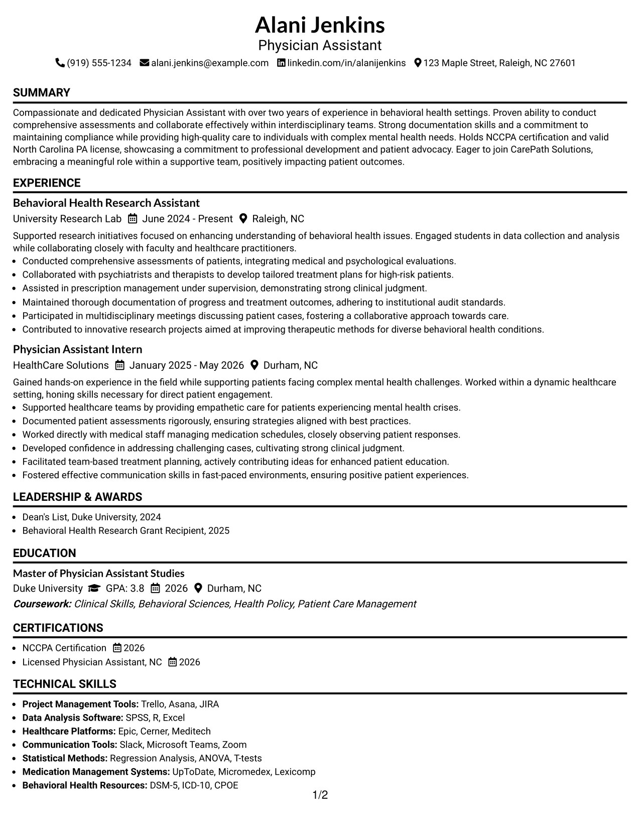 Resume Example Page 1