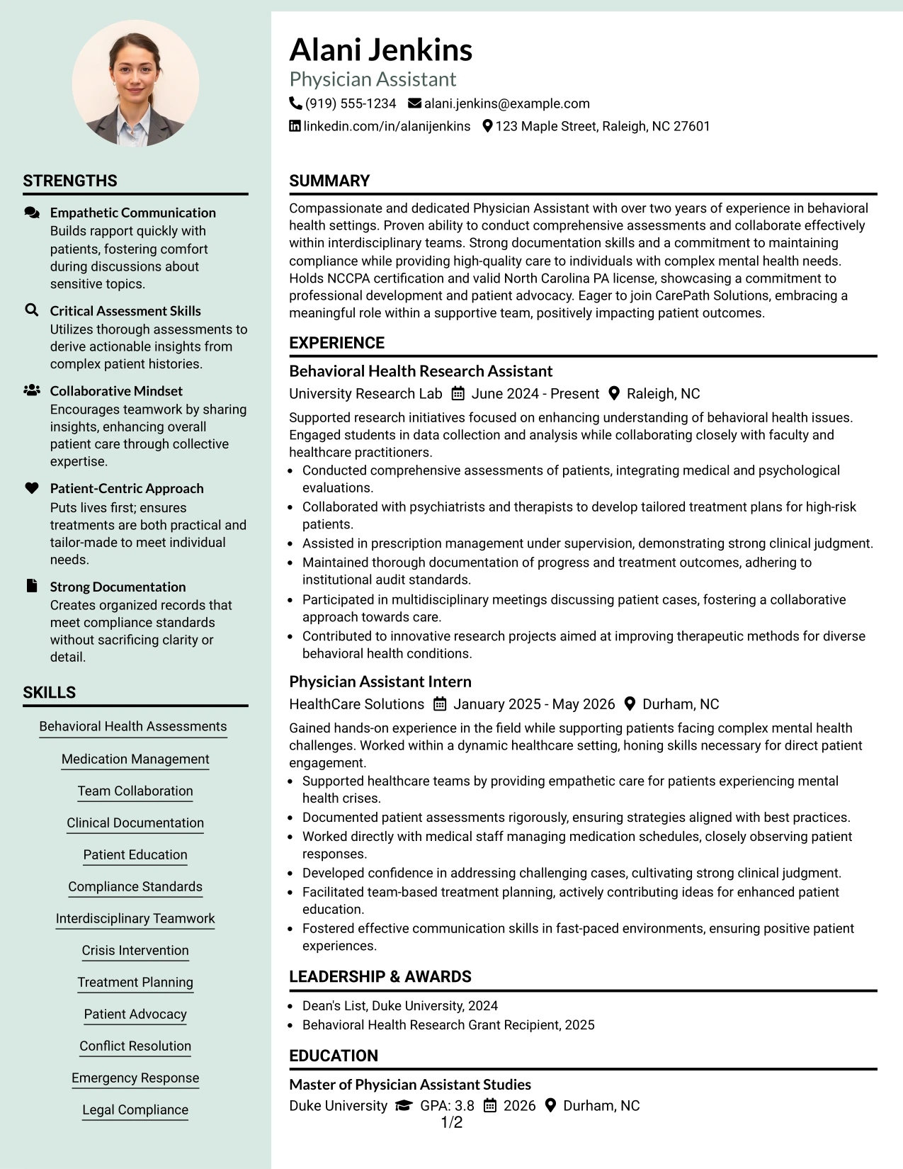 Resume Example Page 1