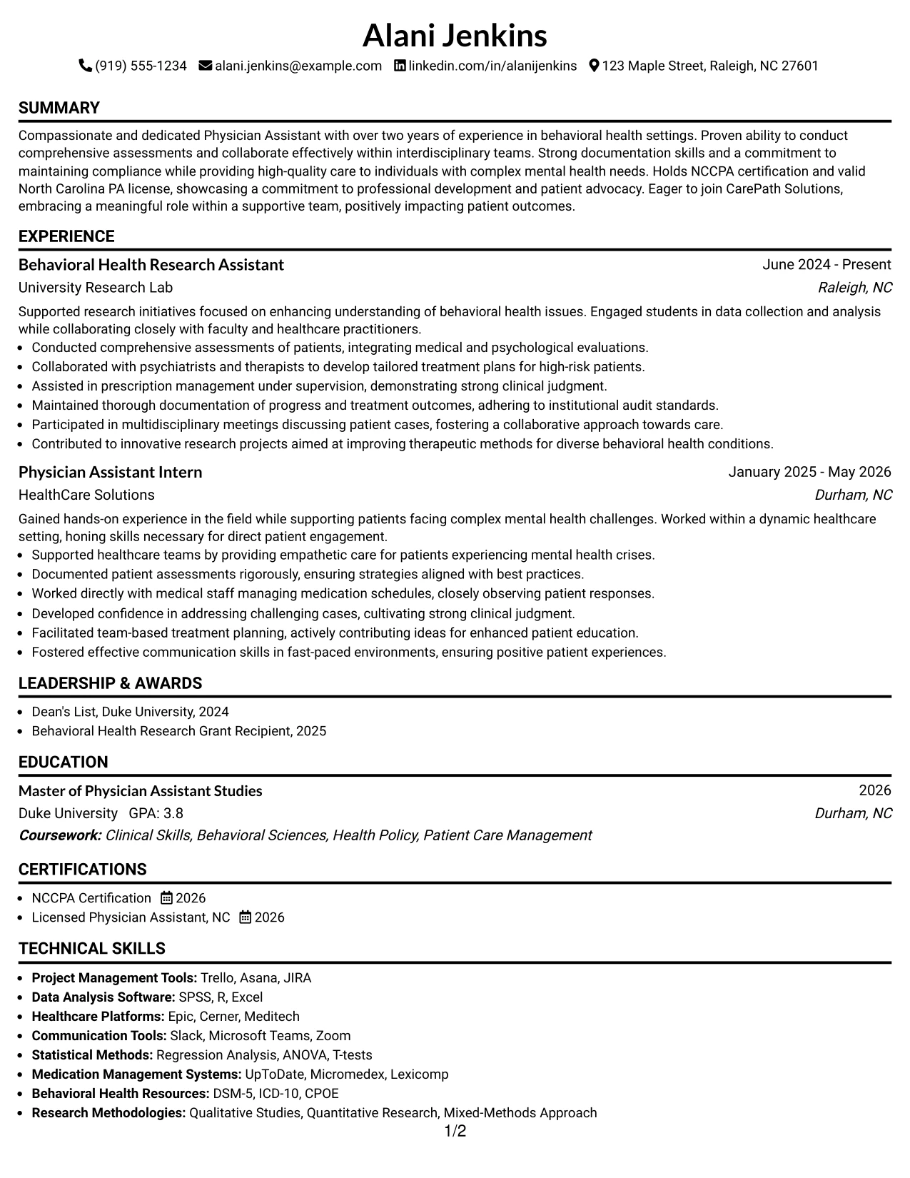 Resume Example Page 1