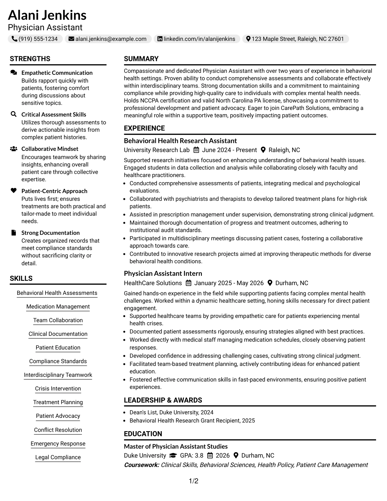 Resume Example Page 1