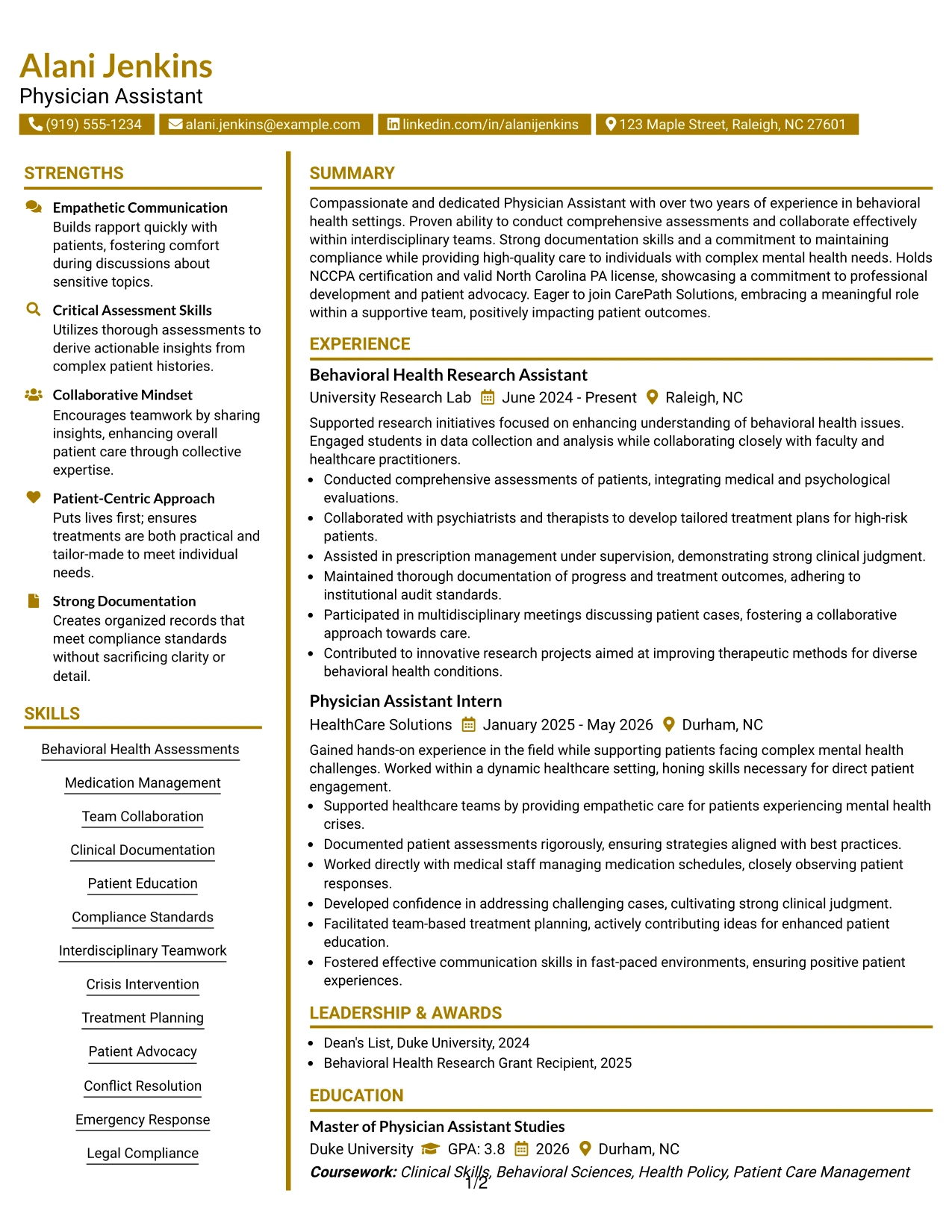 Resume Example Page 1