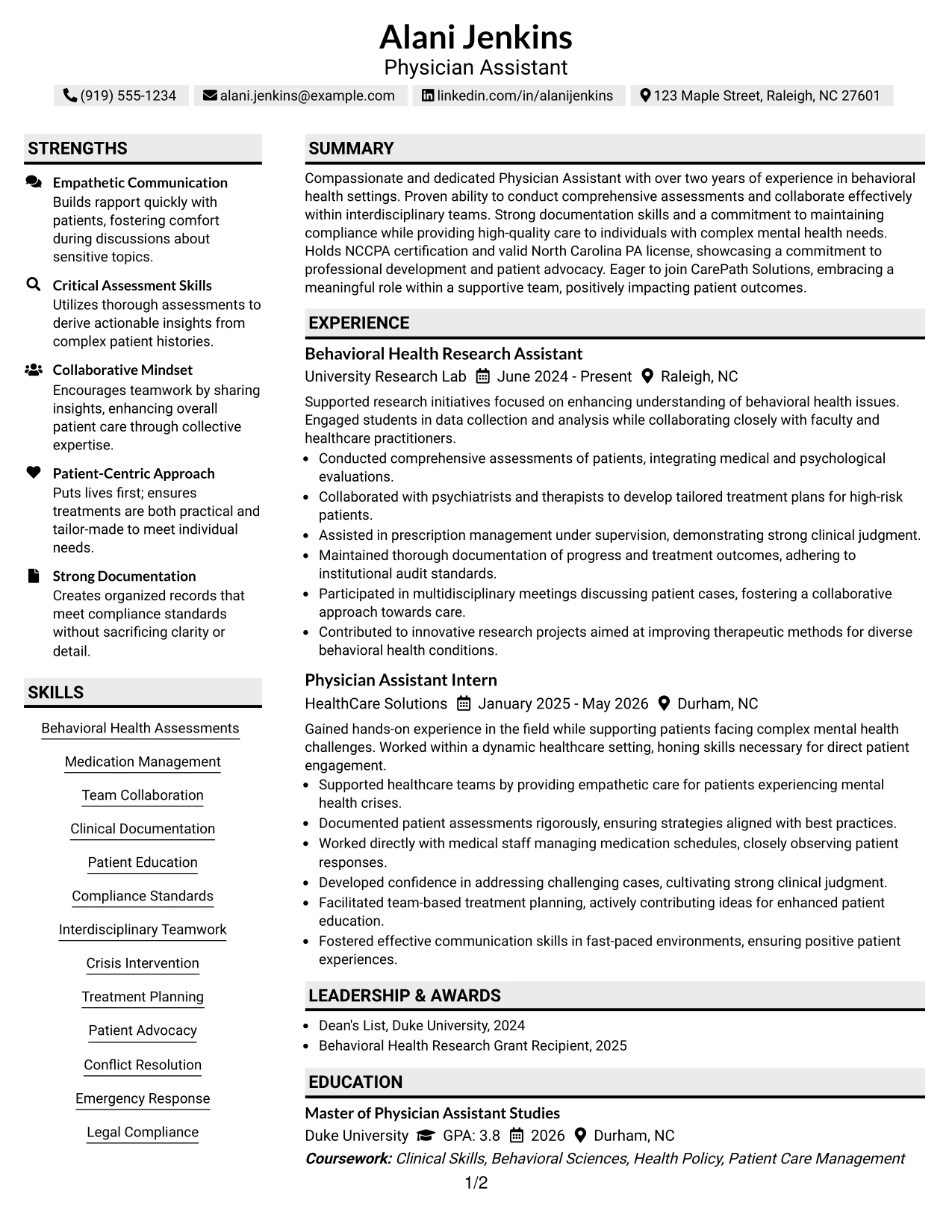 Resume Example Page 1