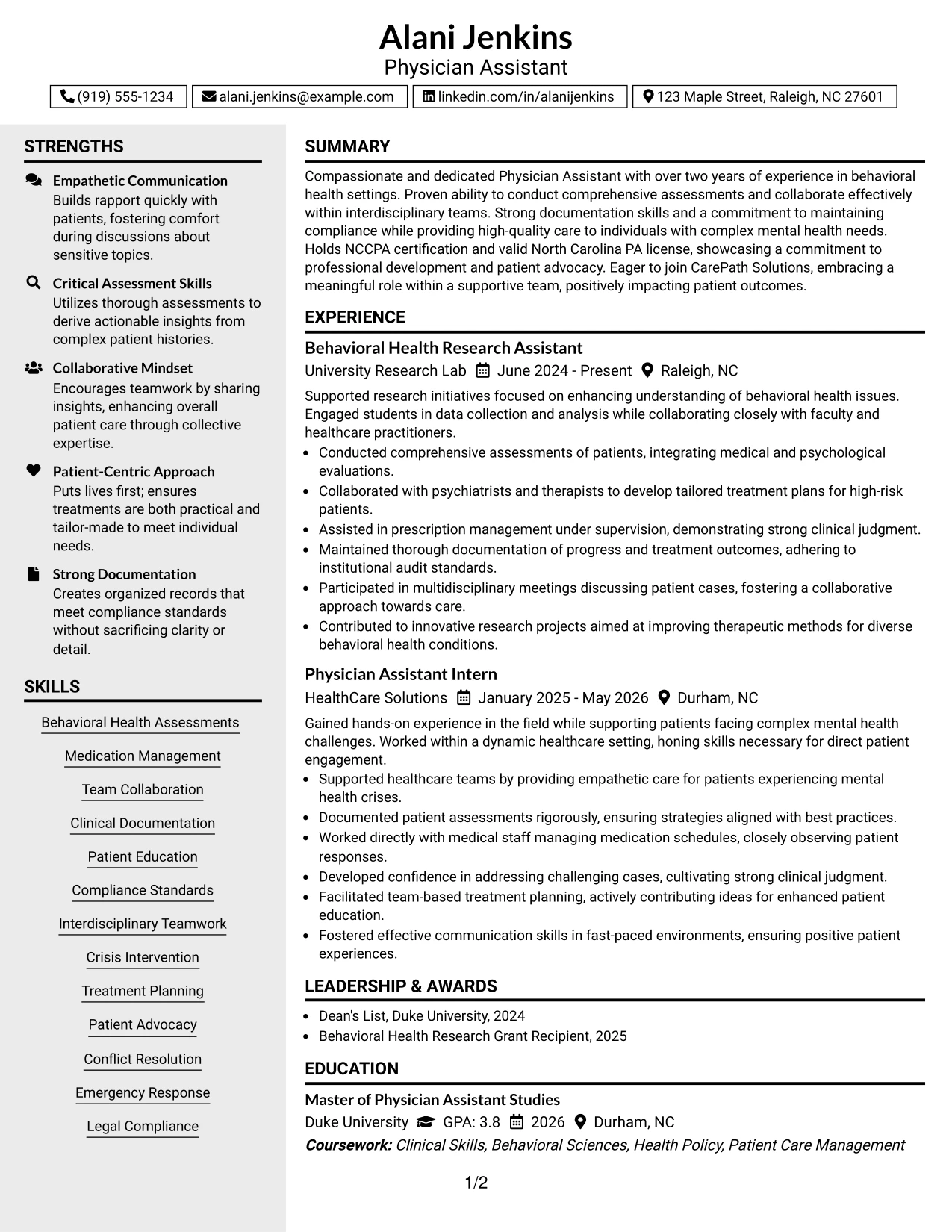 Resume Example Page 1
