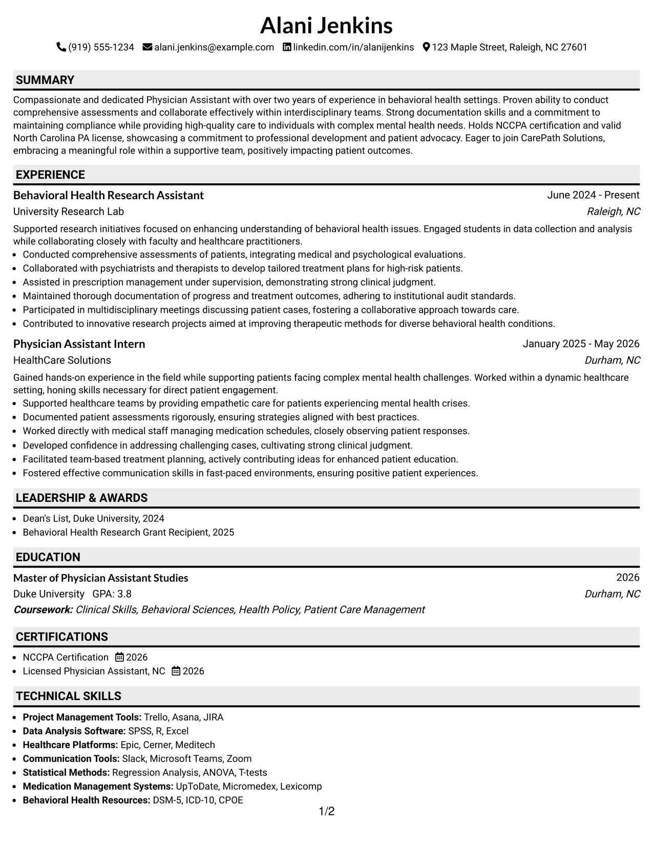 Resume Example Page 1
