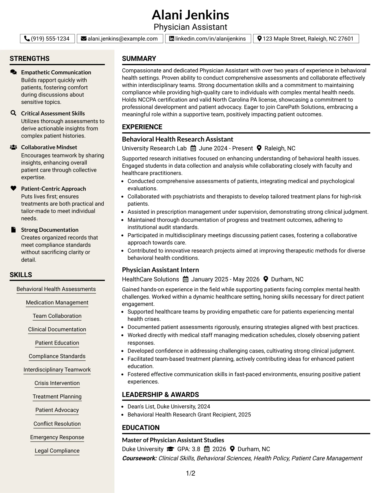 Resume Example Page 1