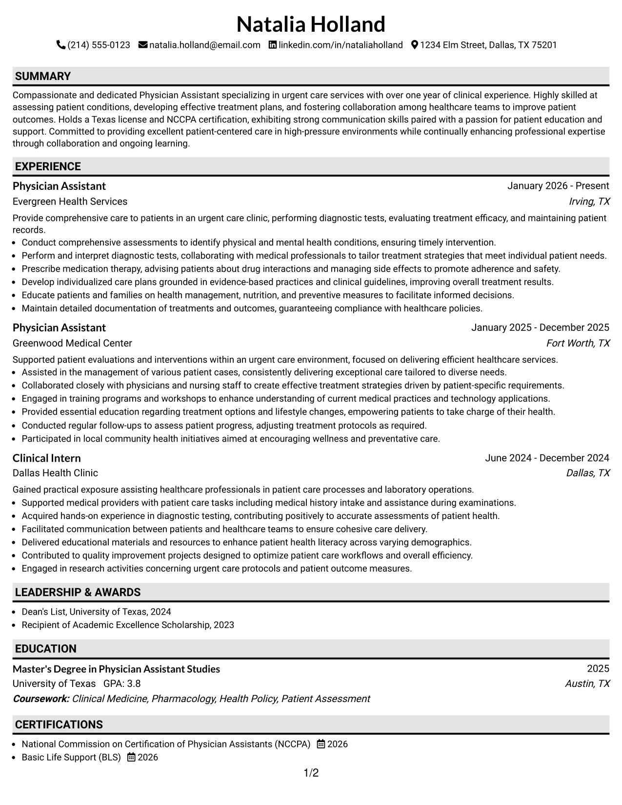 Resume Example Page 1