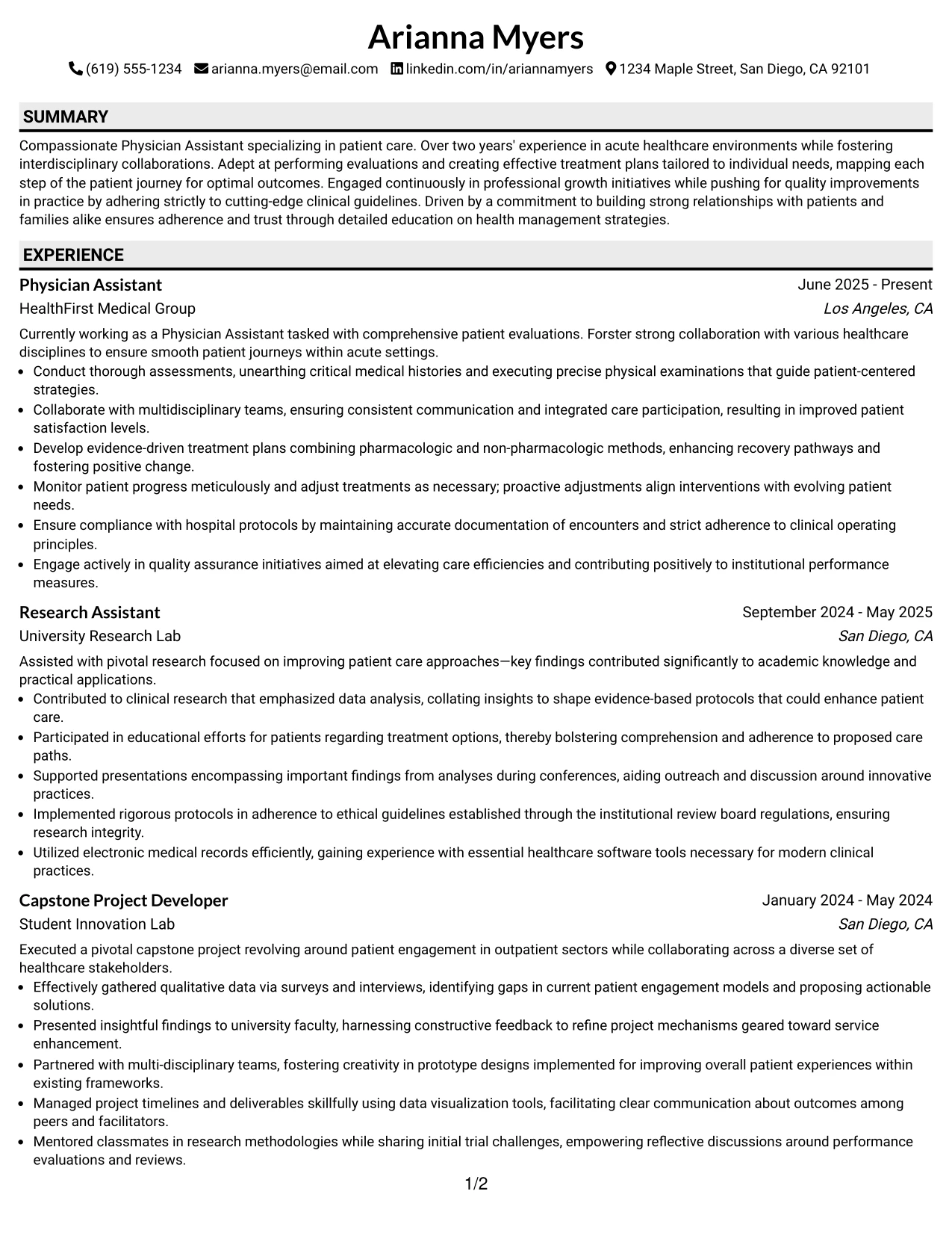 Resume Example Page 1