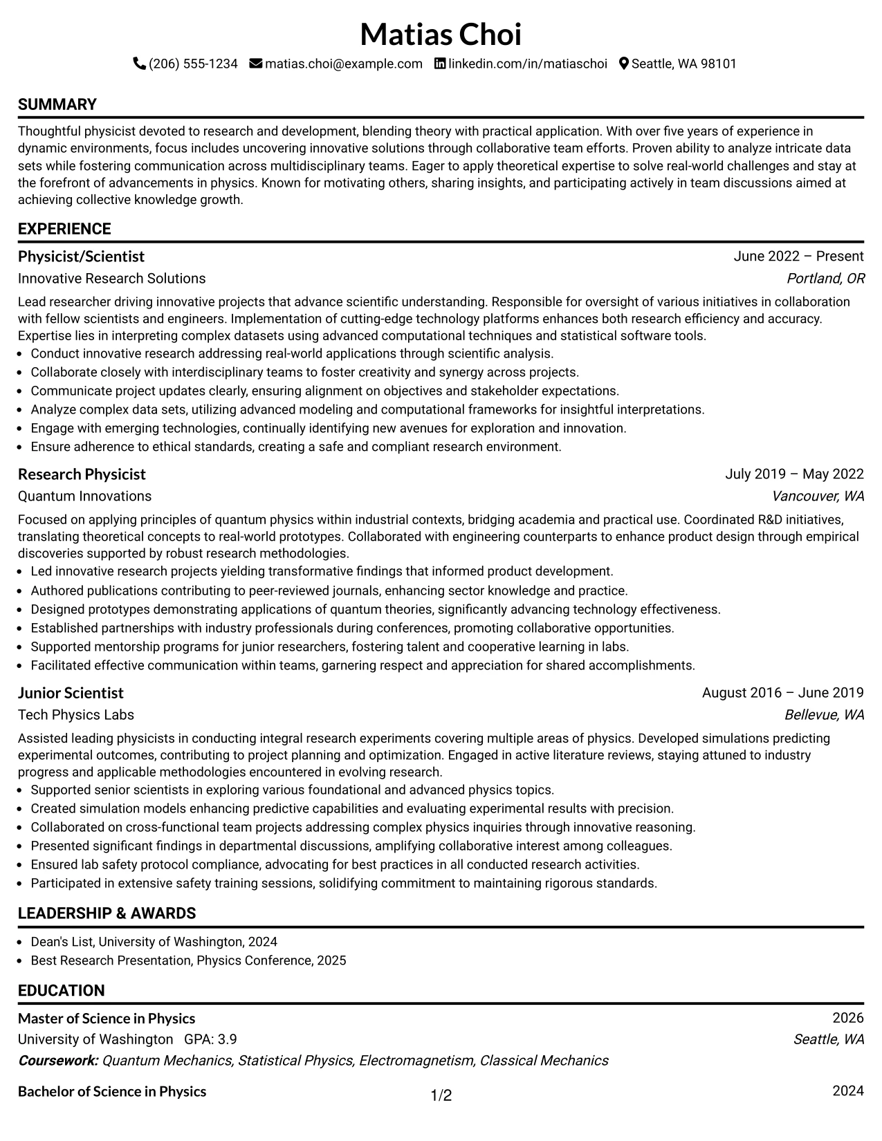 Resume Example Page 1