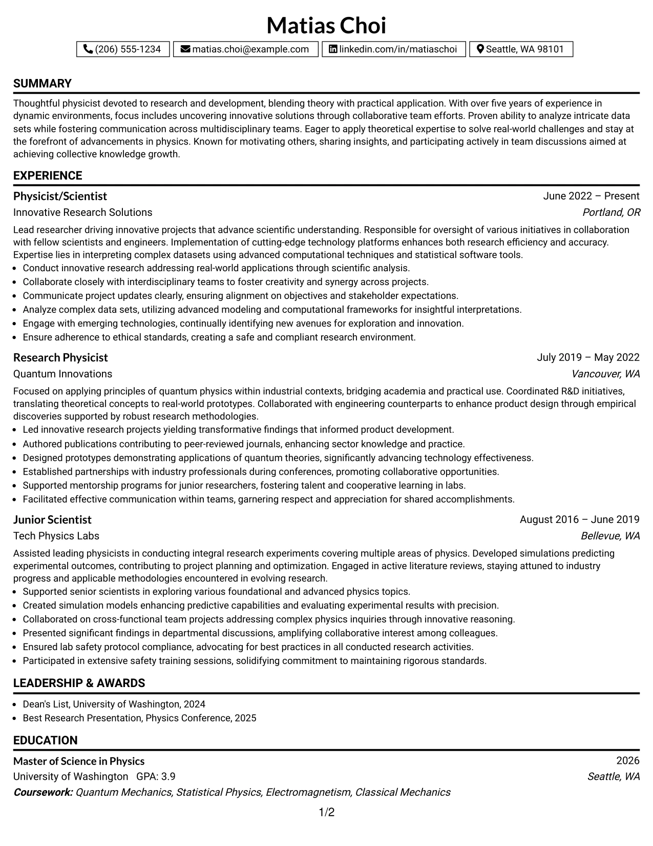 Resume Example Page 1