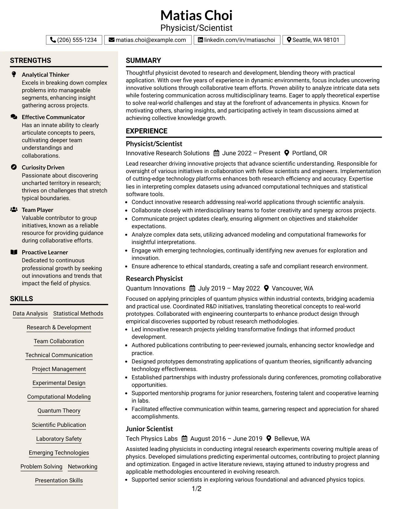 Resume Example Page 1