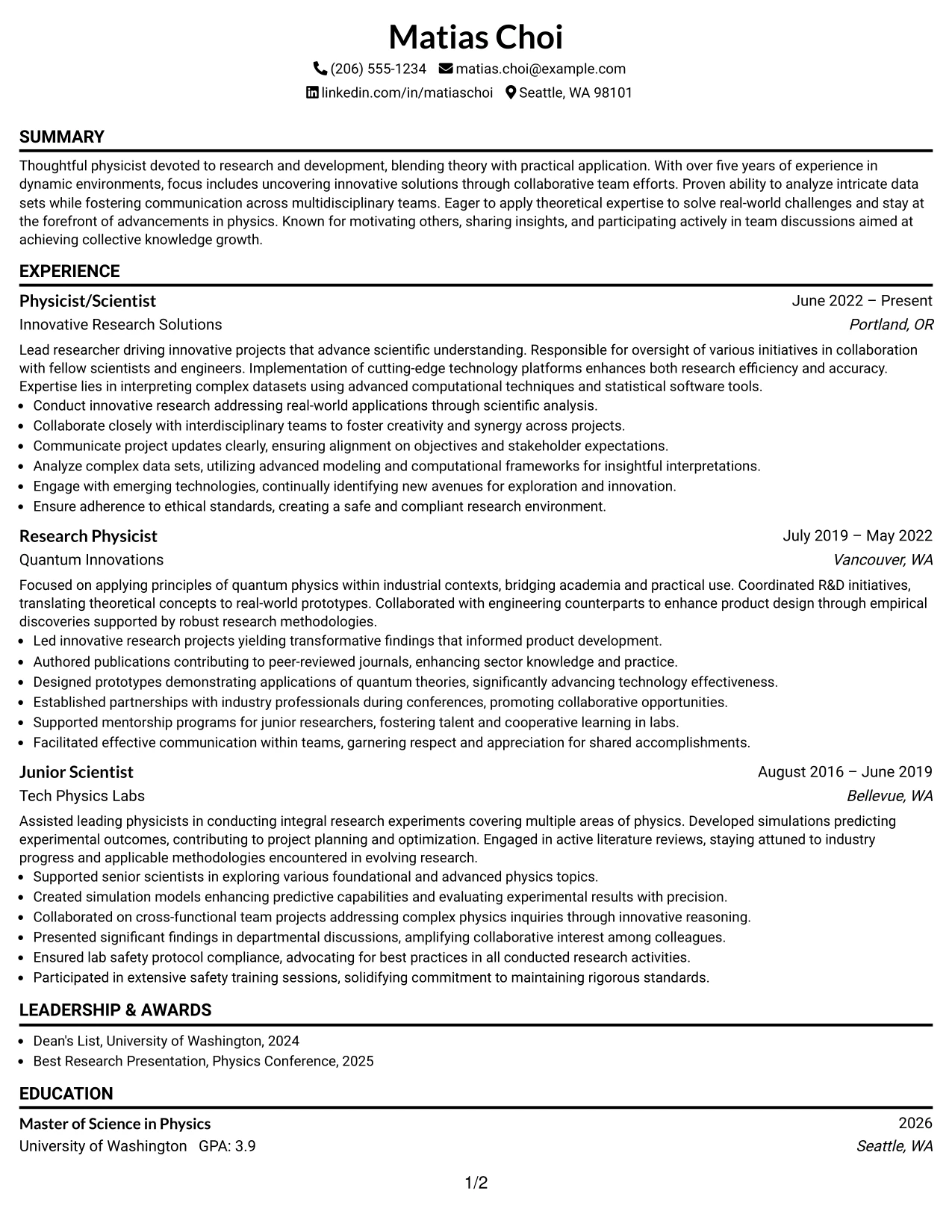 Resume Example Page 1