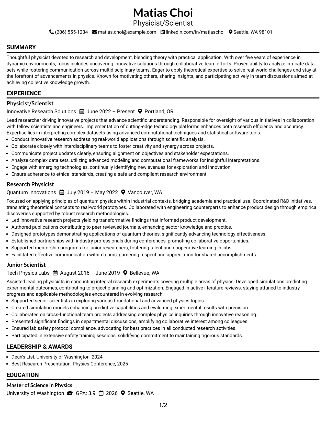 Resume Example Page 1