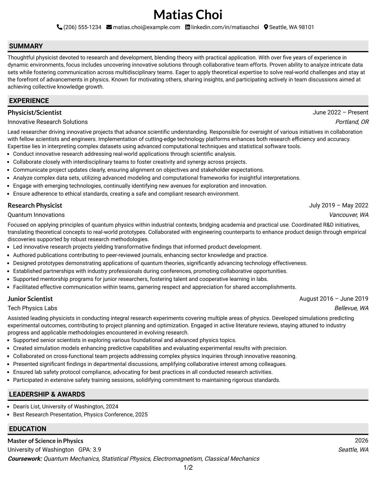 Resume Example Page 1