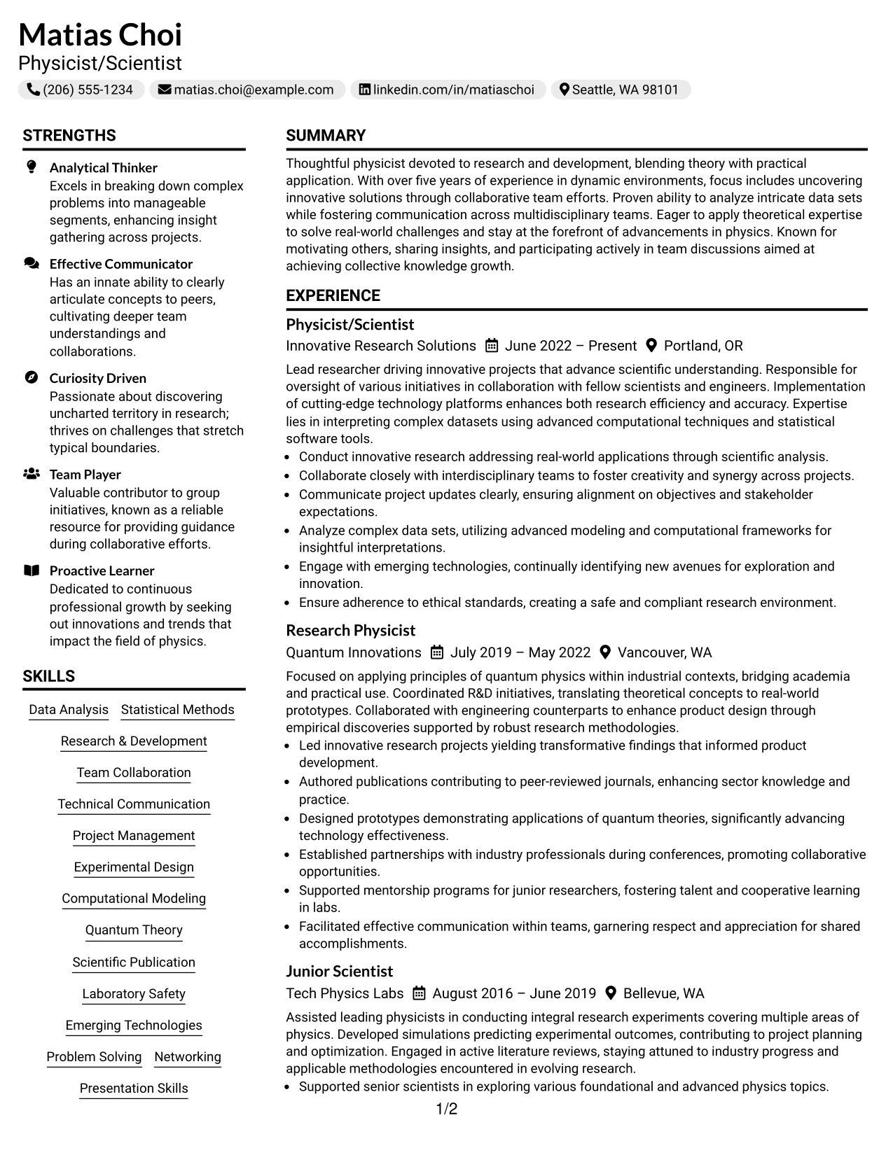 Resume Example Page 1