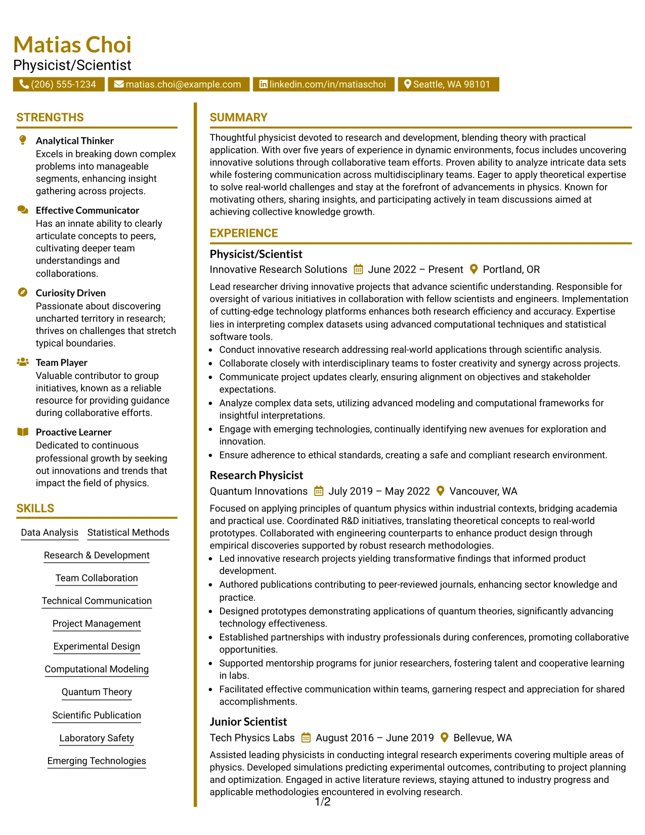Resume Example Page 1