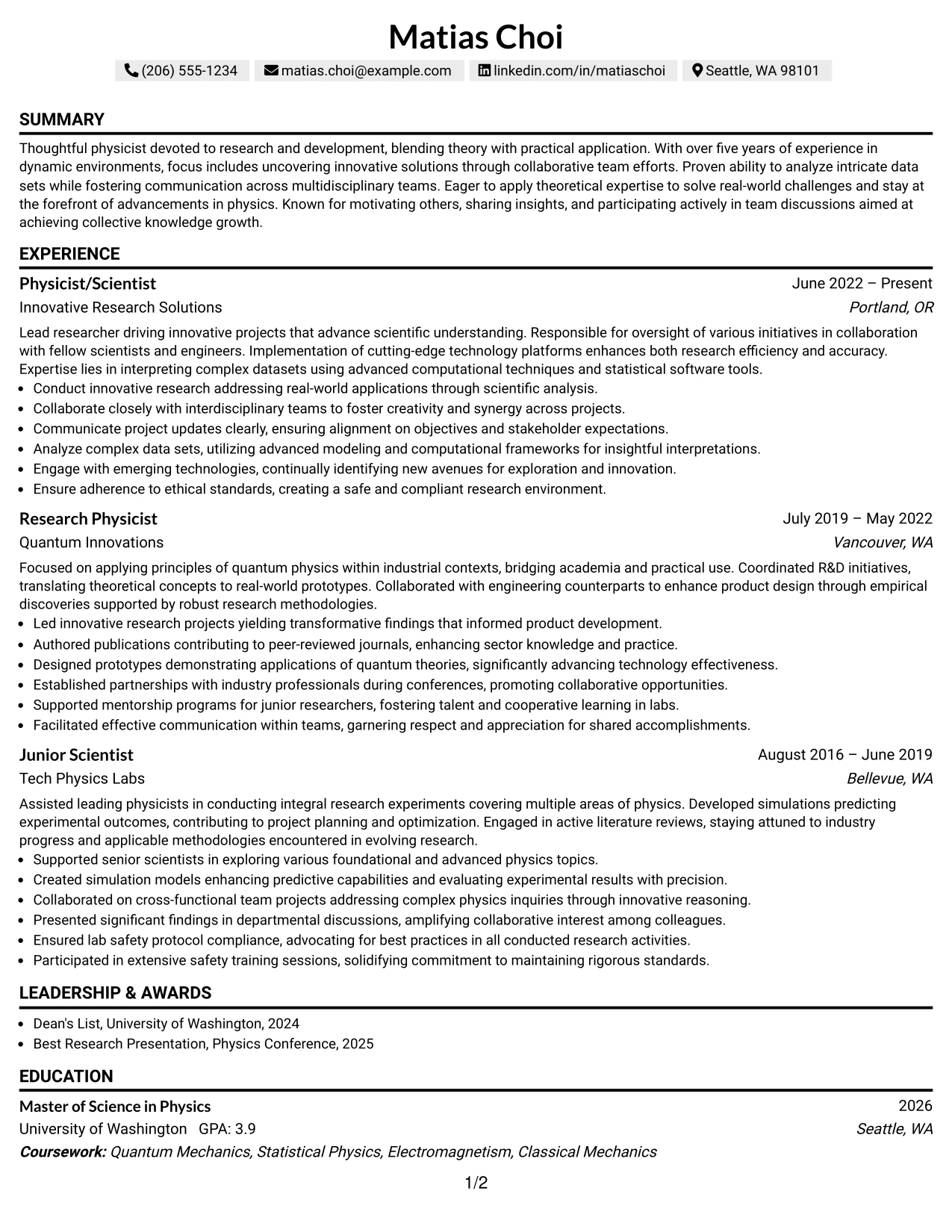 Resume Example Page 1
