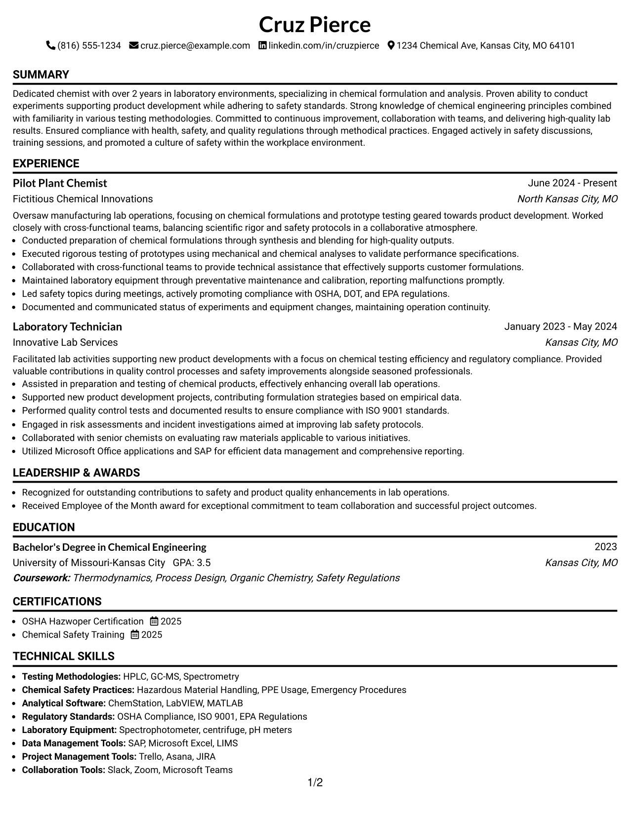 Resume Example Page 1