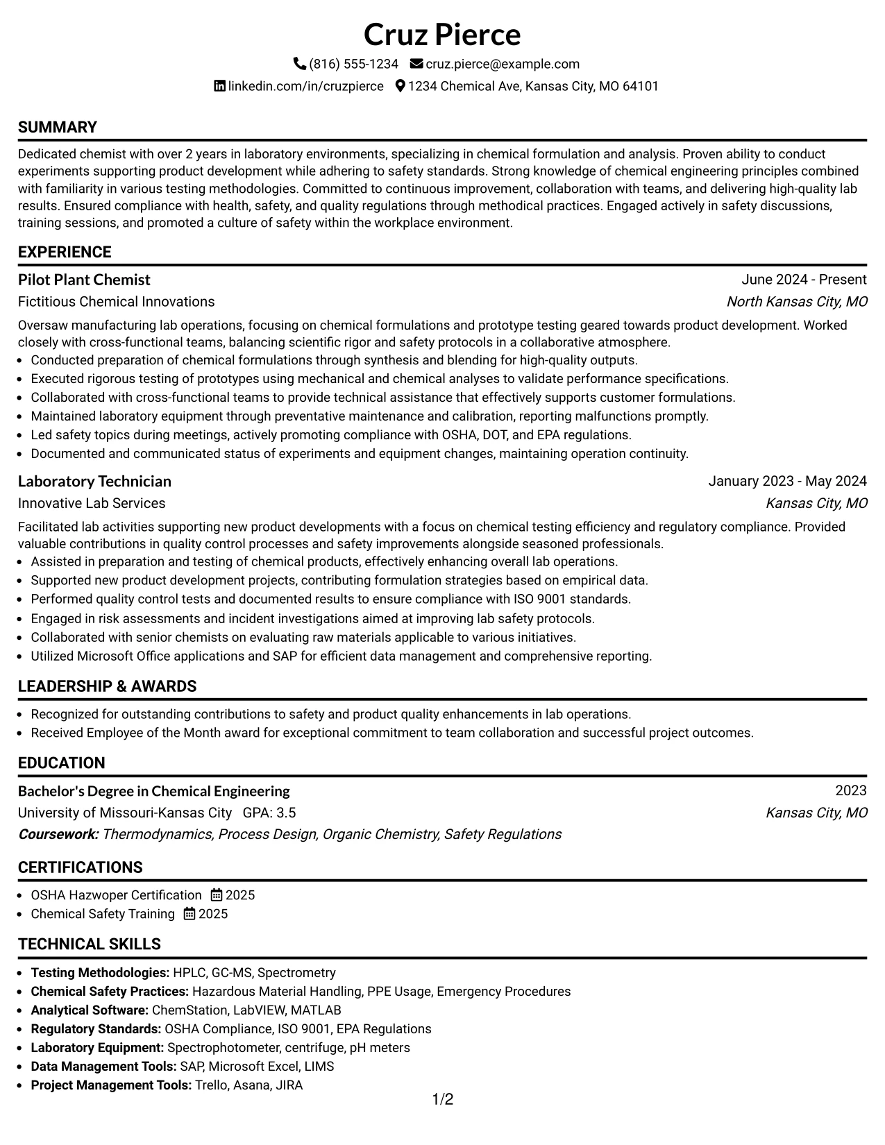 Resume Example Page 1