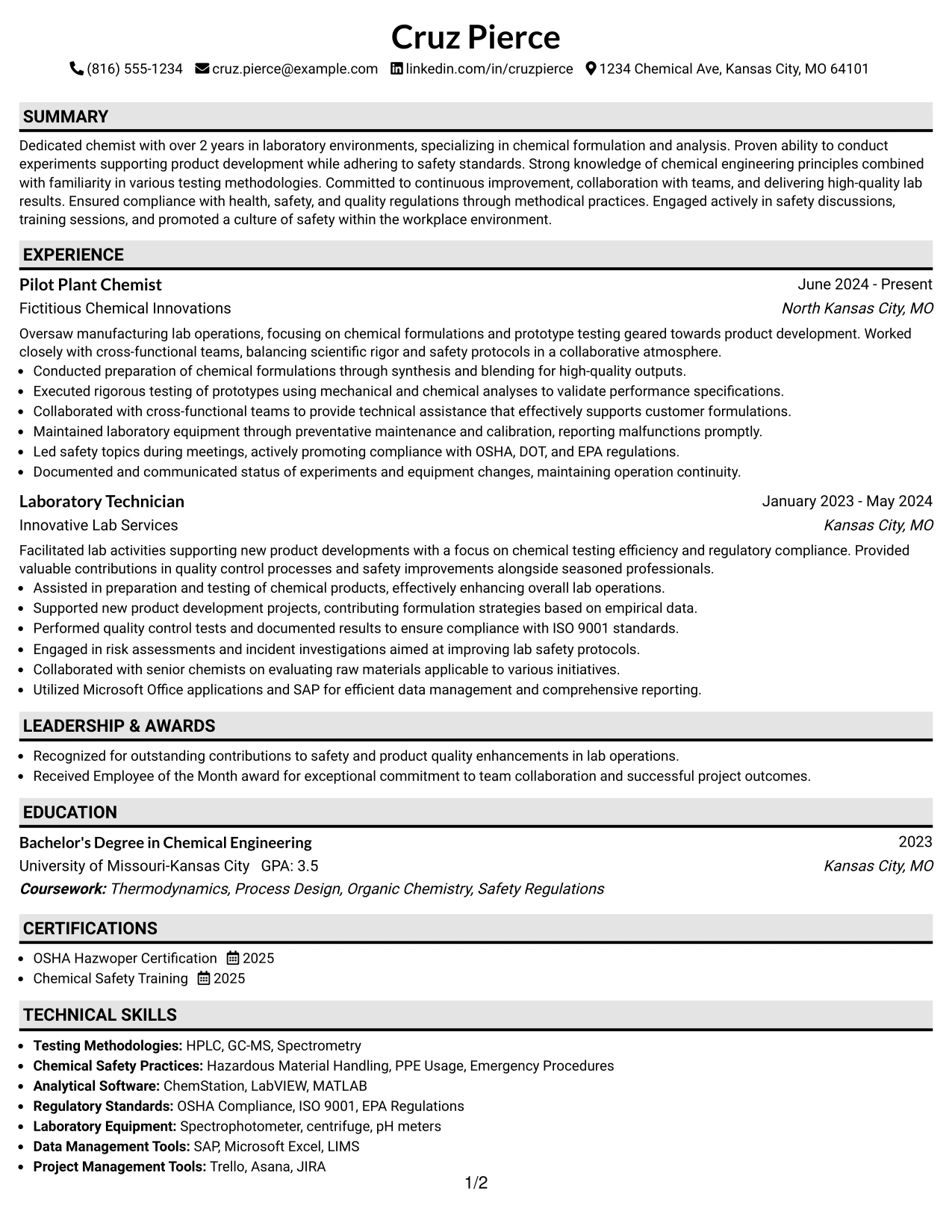 Resume Example Page 1
