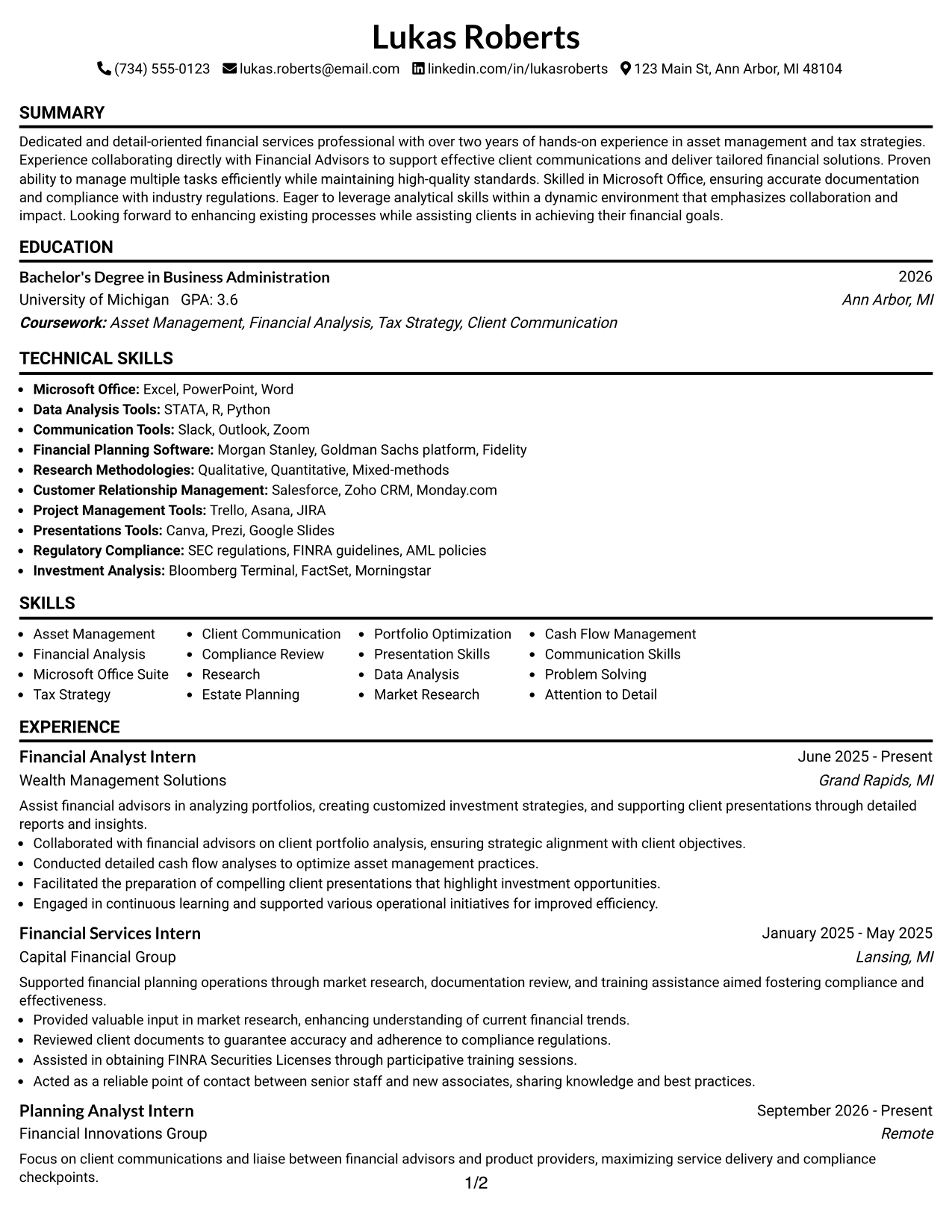 Resume Example Page 1