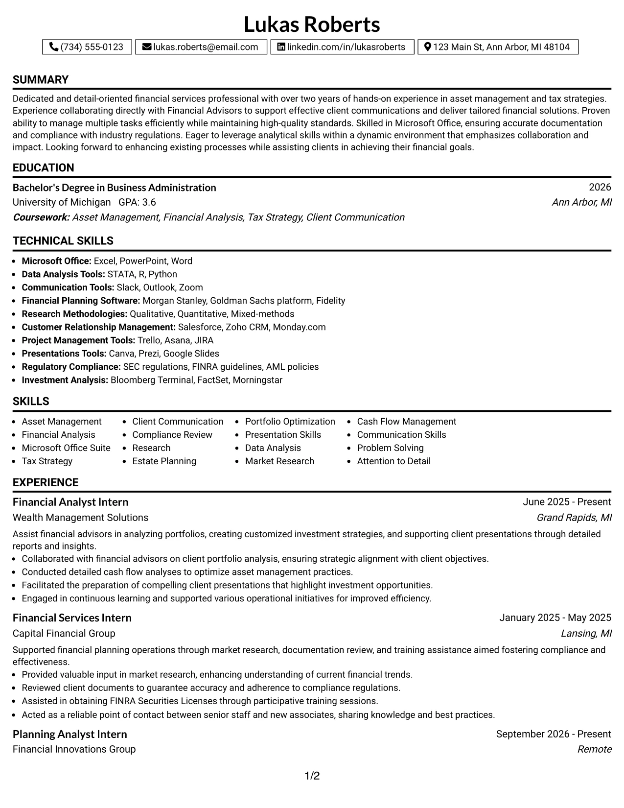 Resume Example Page 1