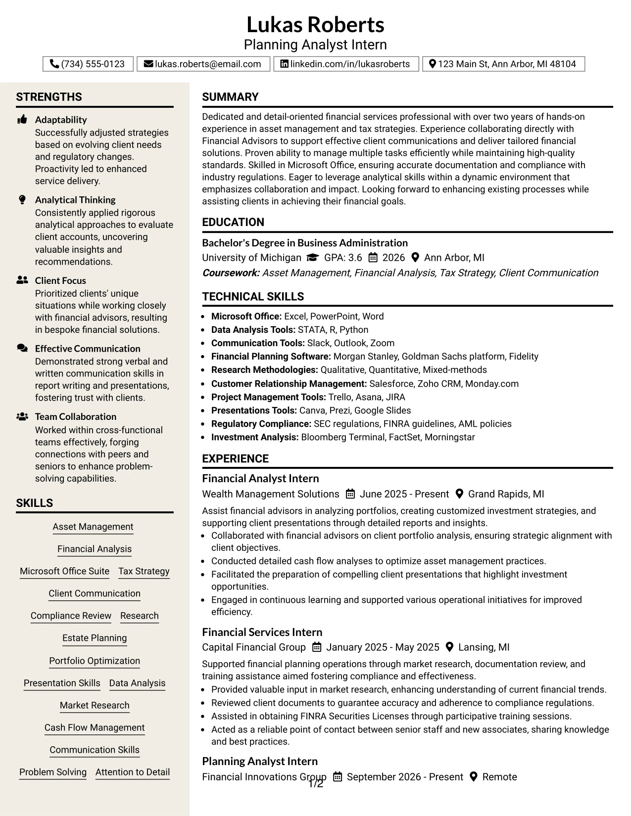 Resume Example Page 1