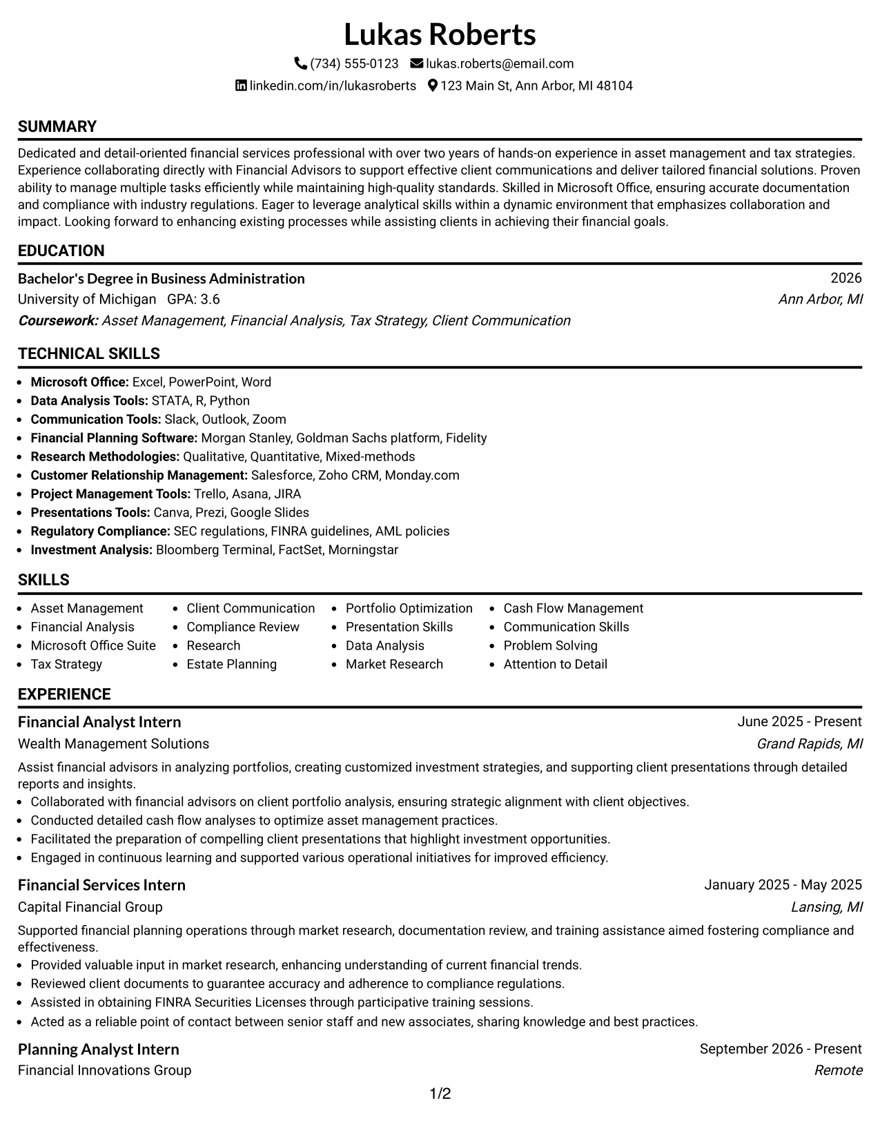 Resume Example Page 1
