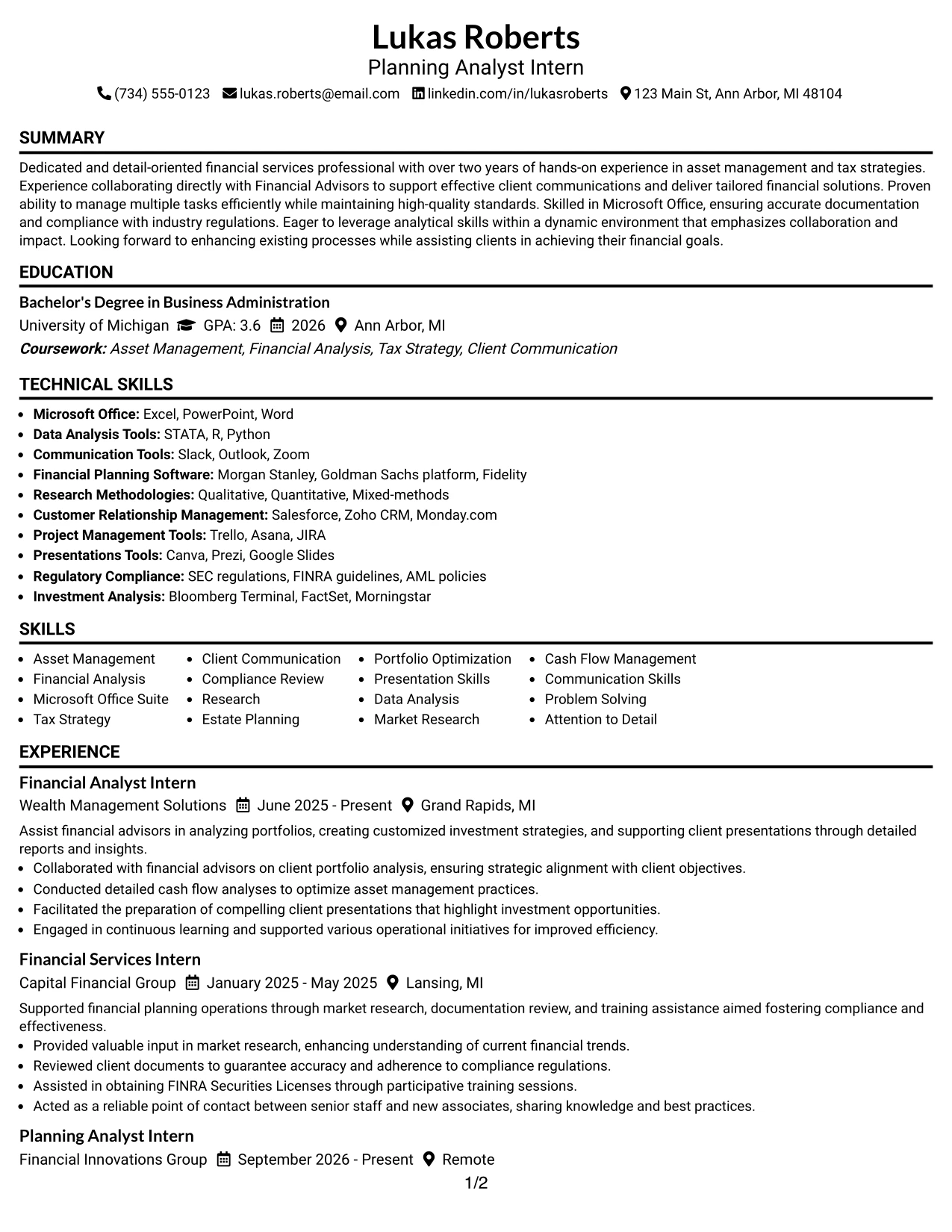 Resume Example Page 1