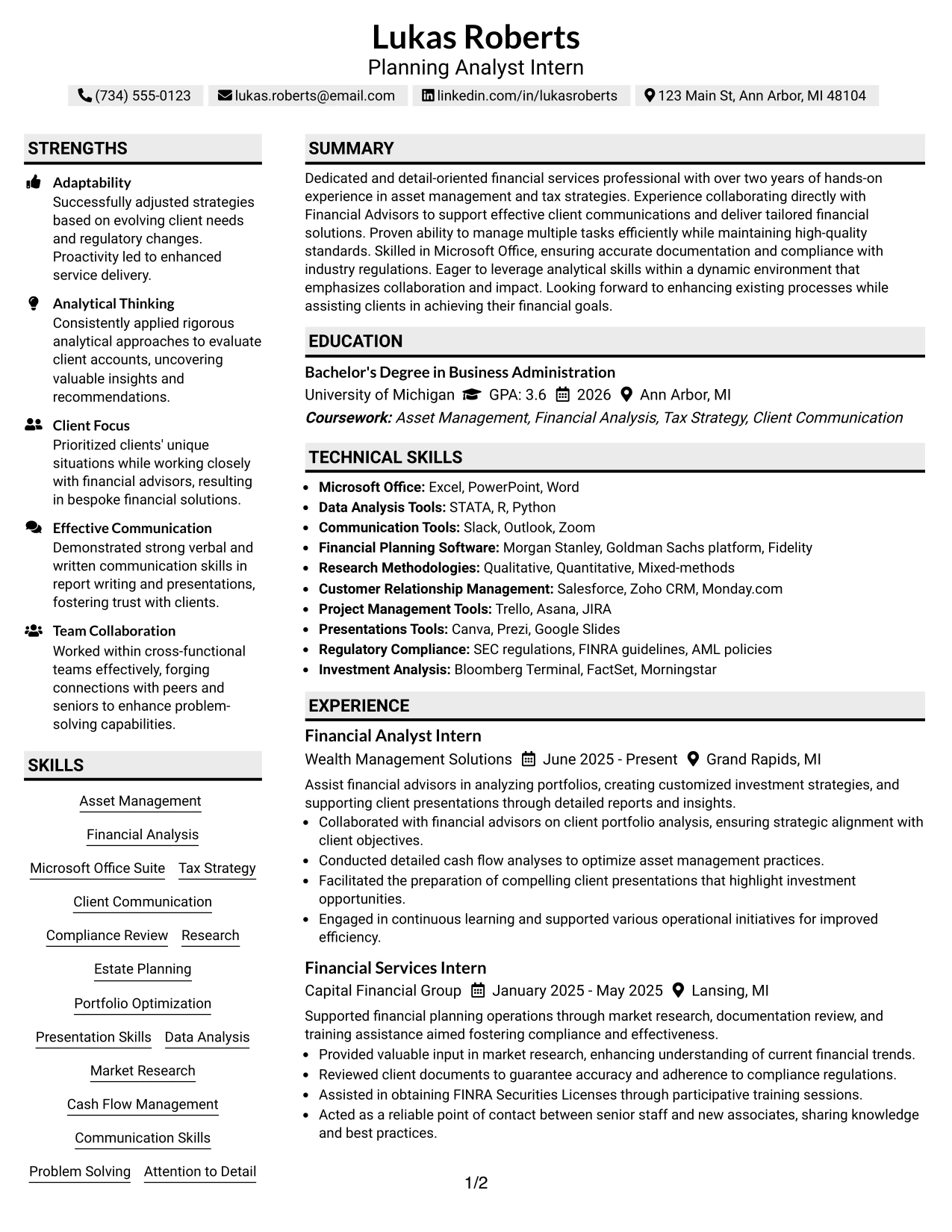 Resume Example Page 1