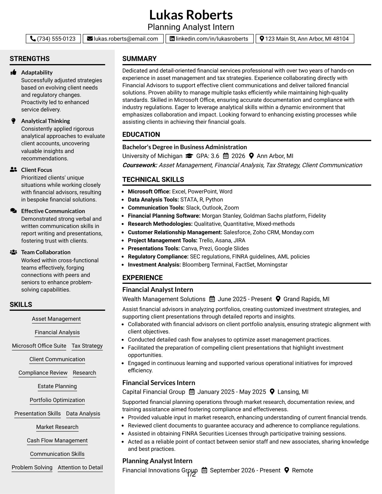 Resume Example Page 1