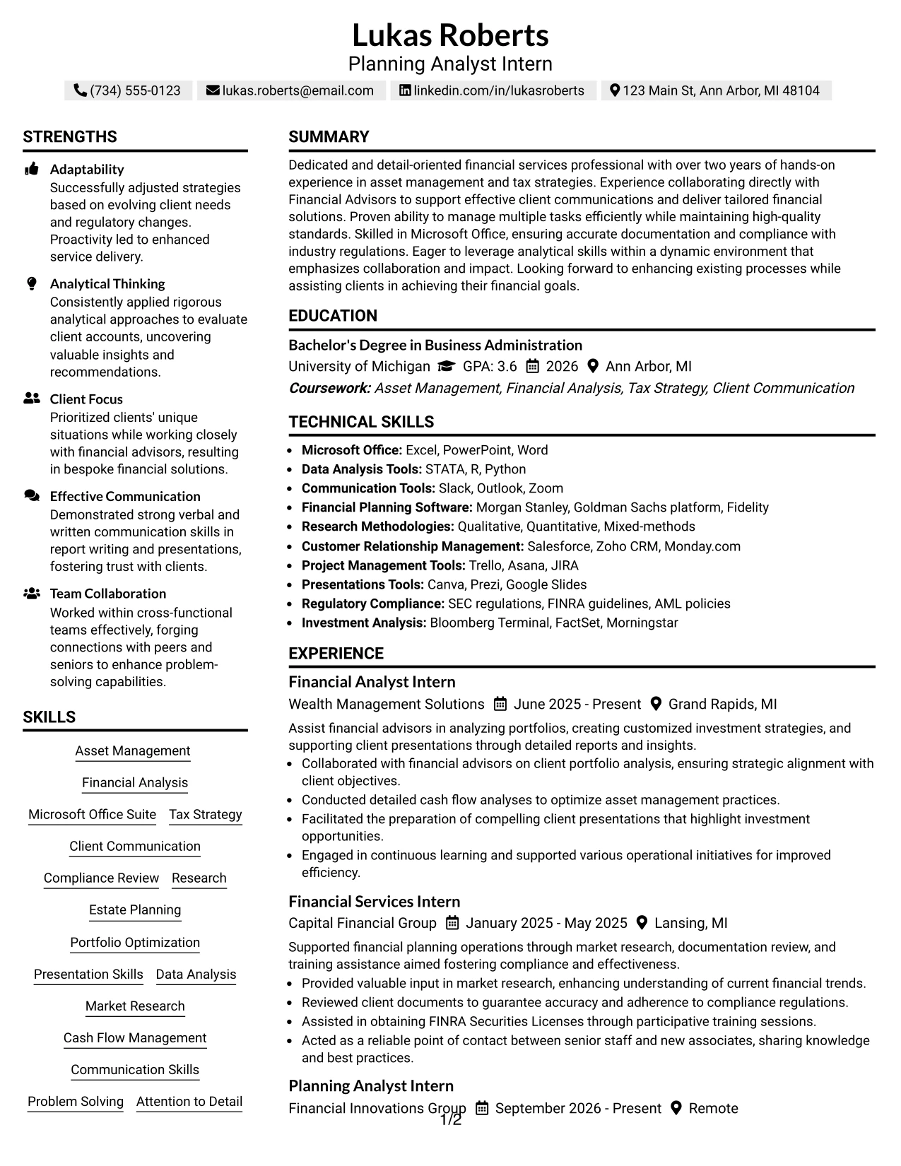 Resume Example Page 1