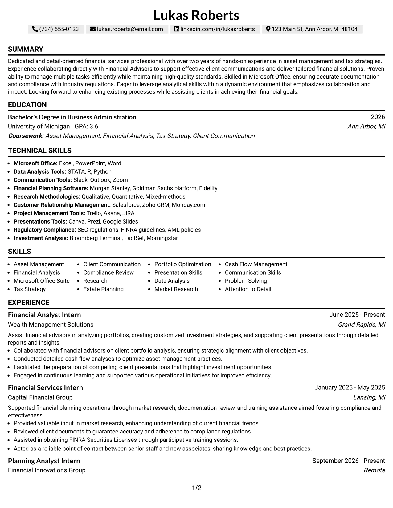 Resume Example Page 1