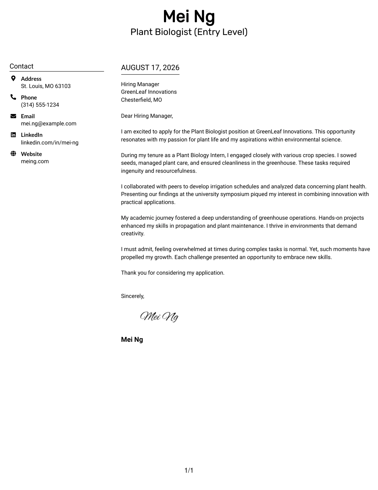 Resume Example Page 1
