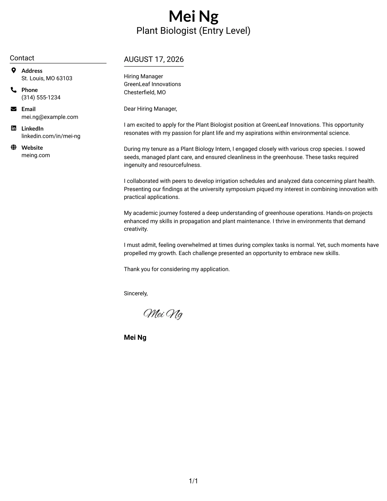 Resume Example Page 1