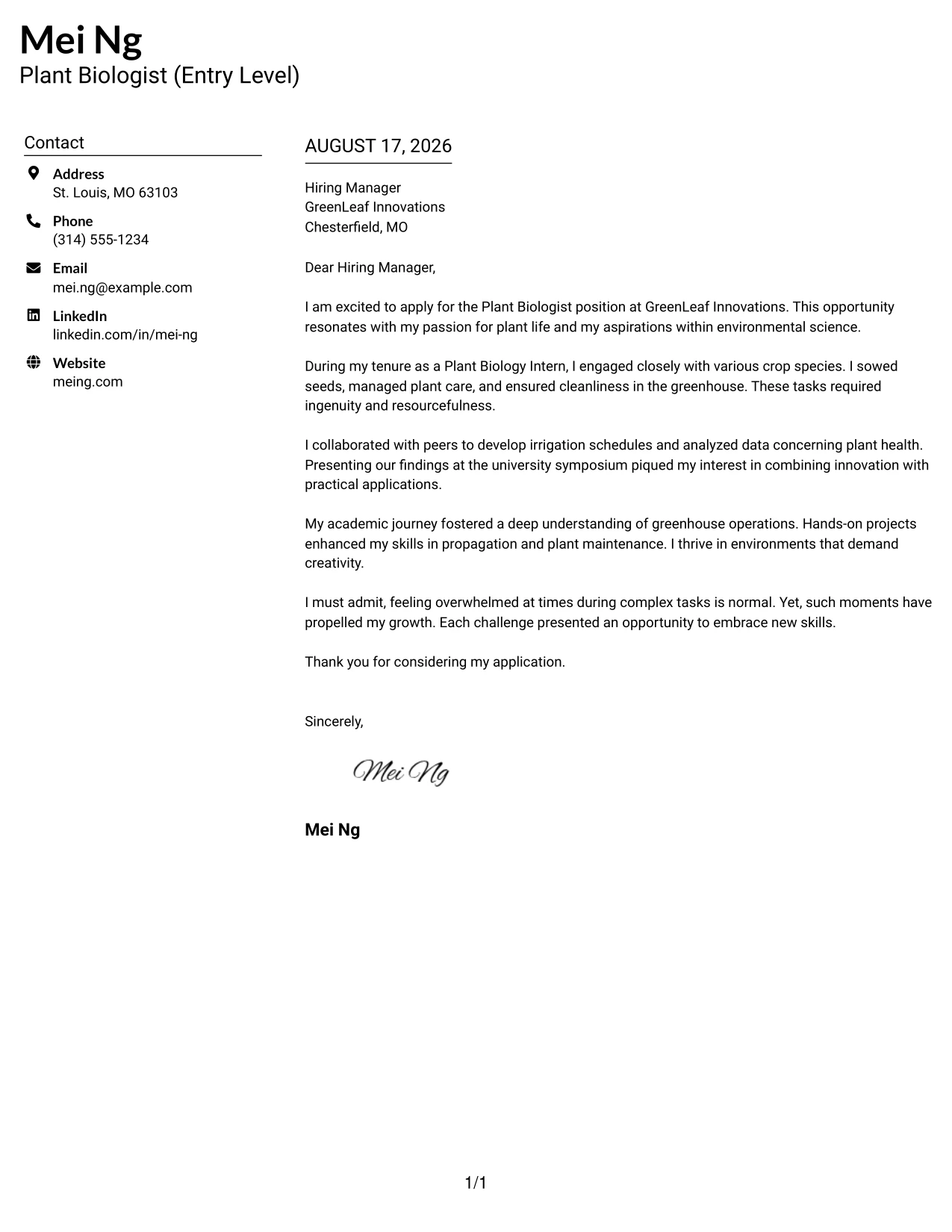 Resume Example Page 1