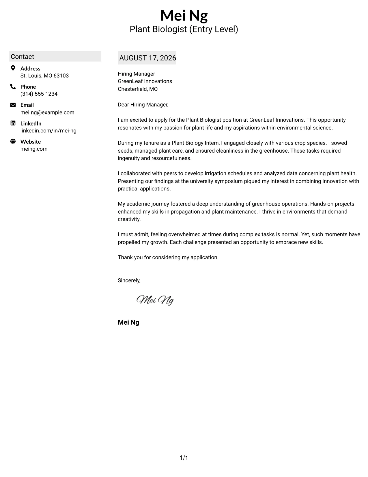 Resume Example Page 1