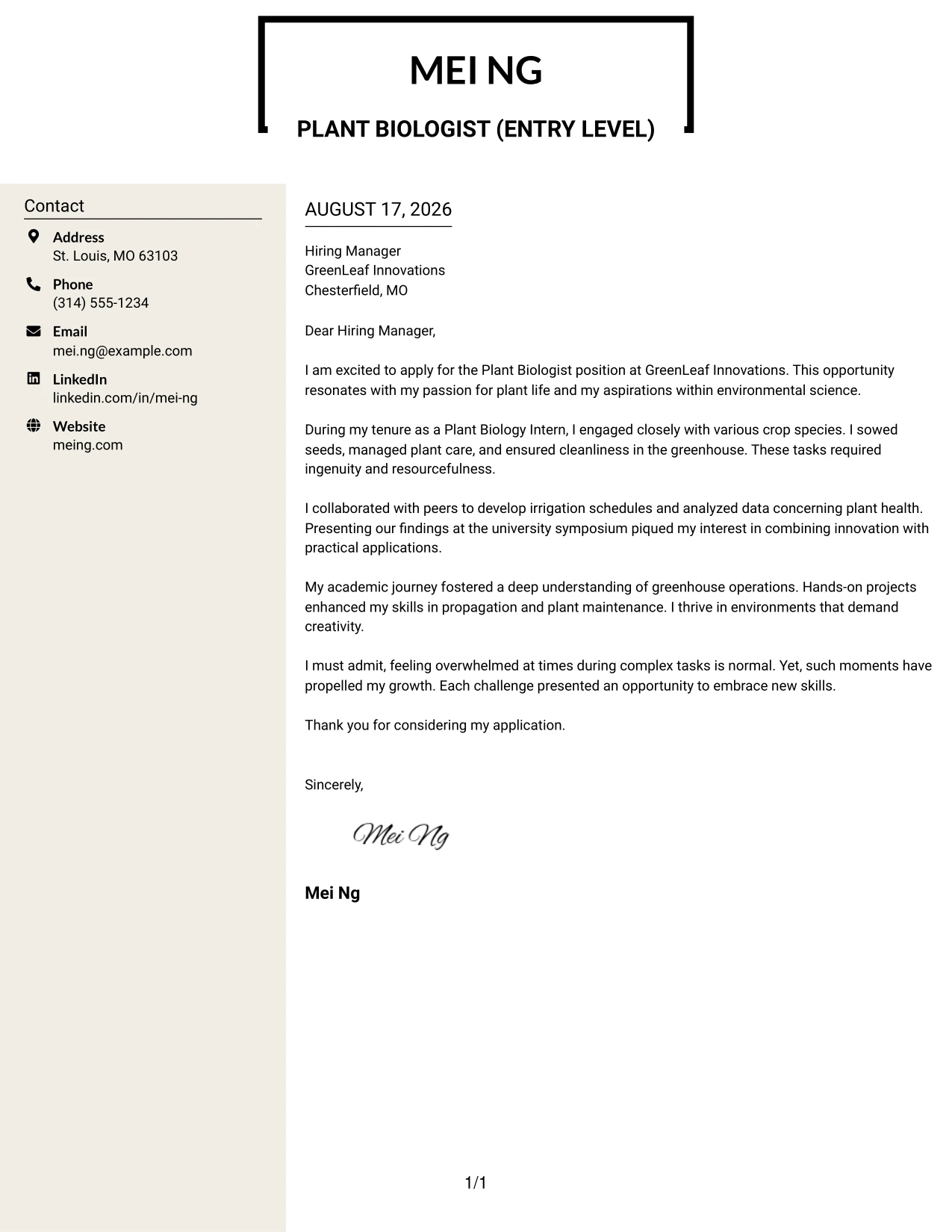 Resume Example Page 1