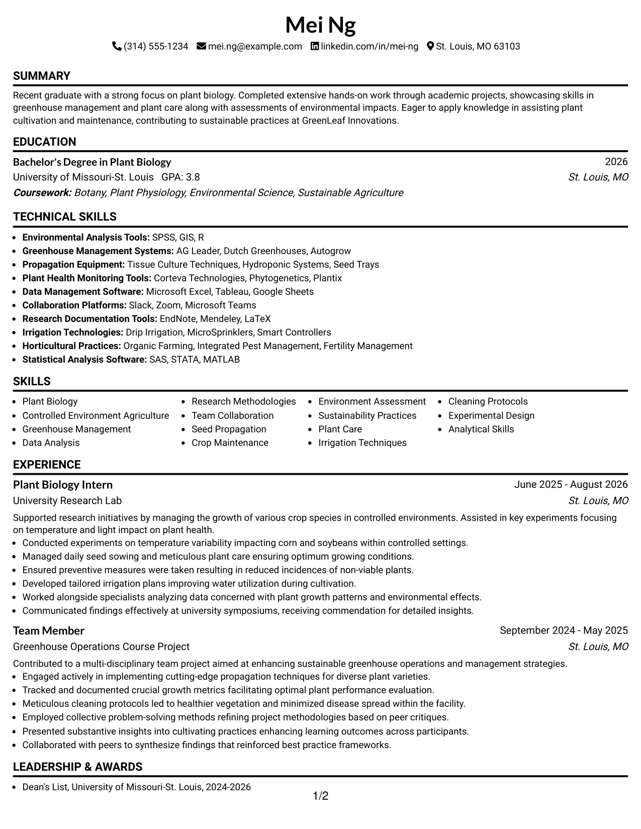 Resume Example Page 1