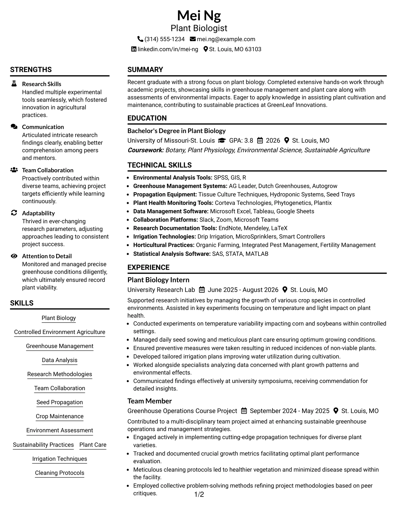 Resume Example Page 1