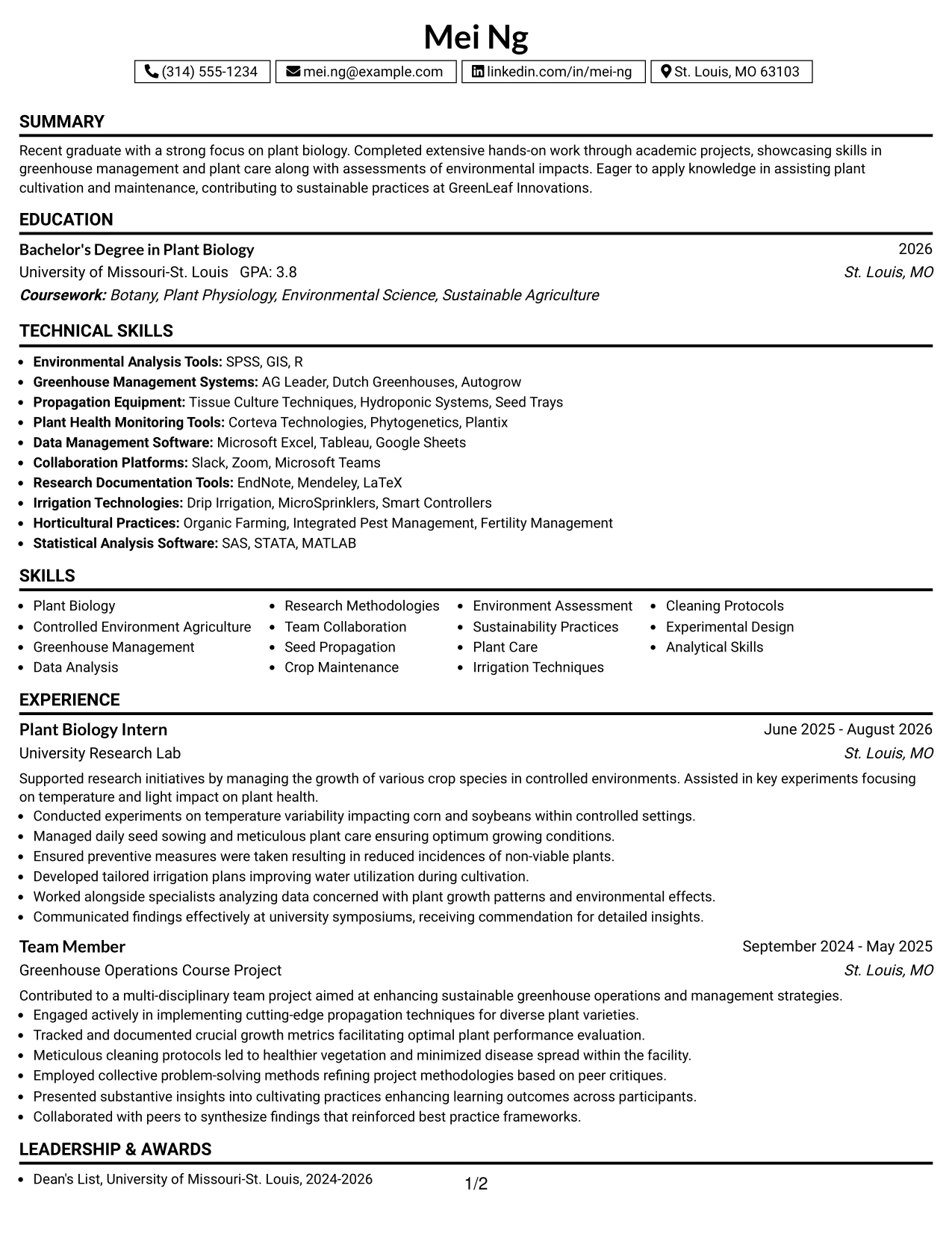 Resume Example Page 1