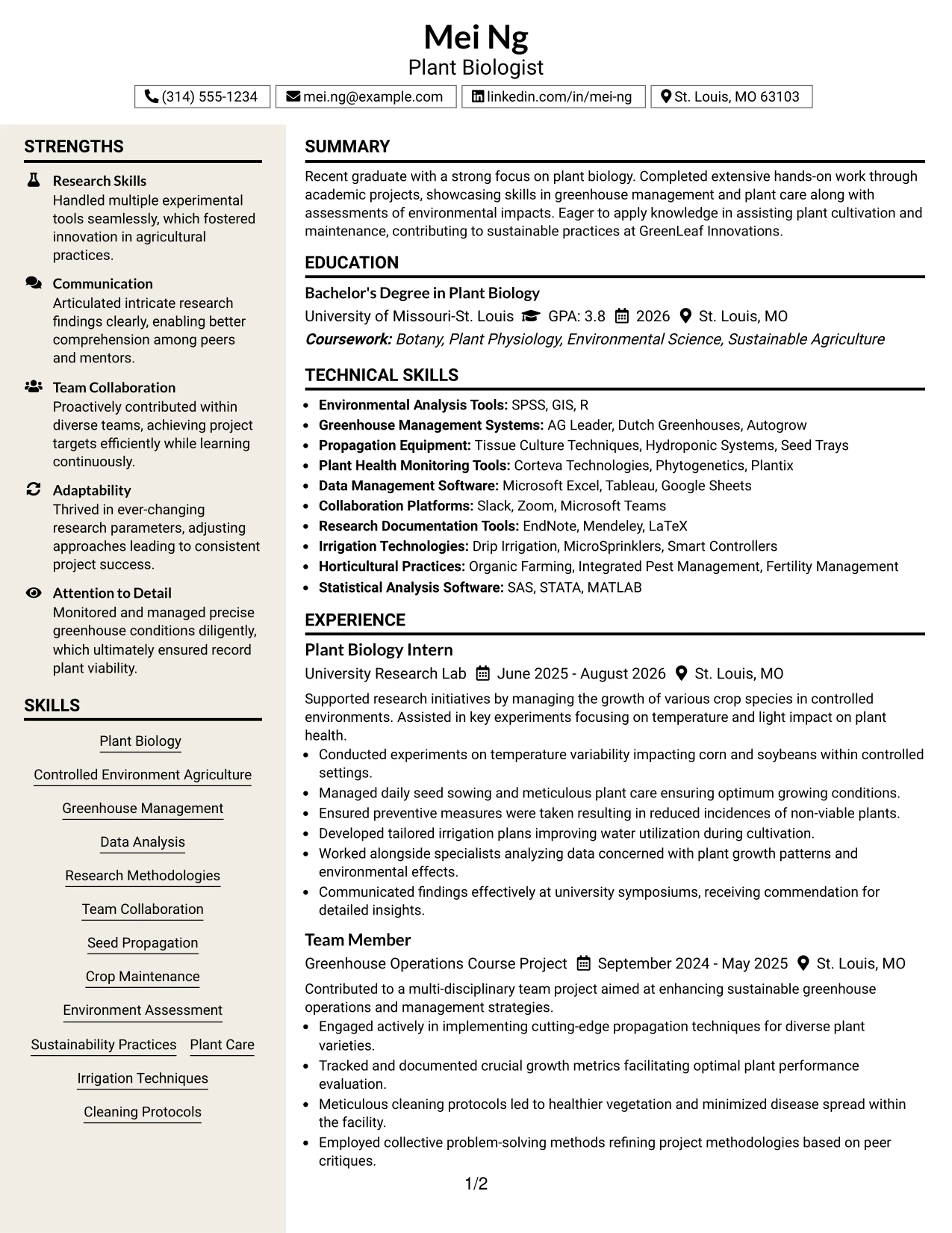 Resume Example Page 1