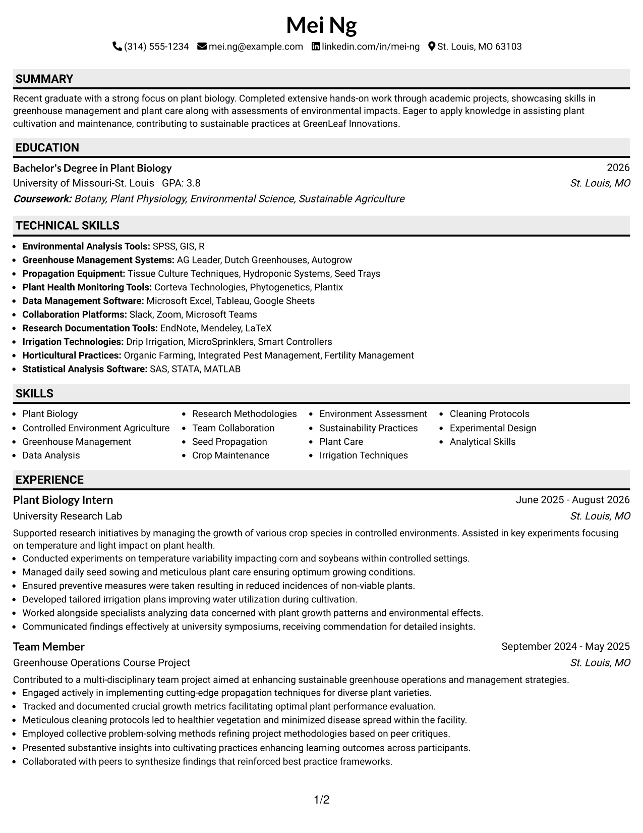 Resume Example Page 1