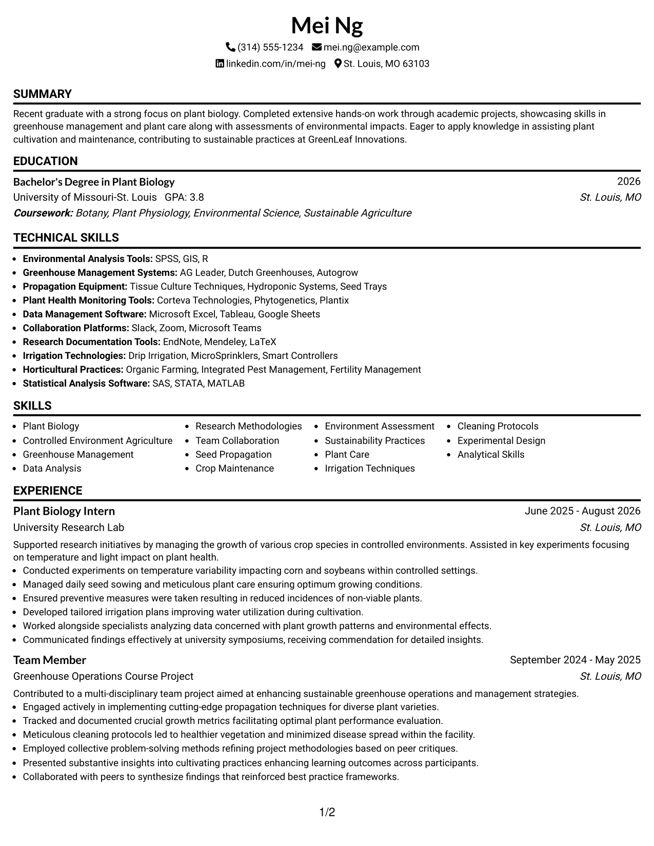 Resume Example Page 1
