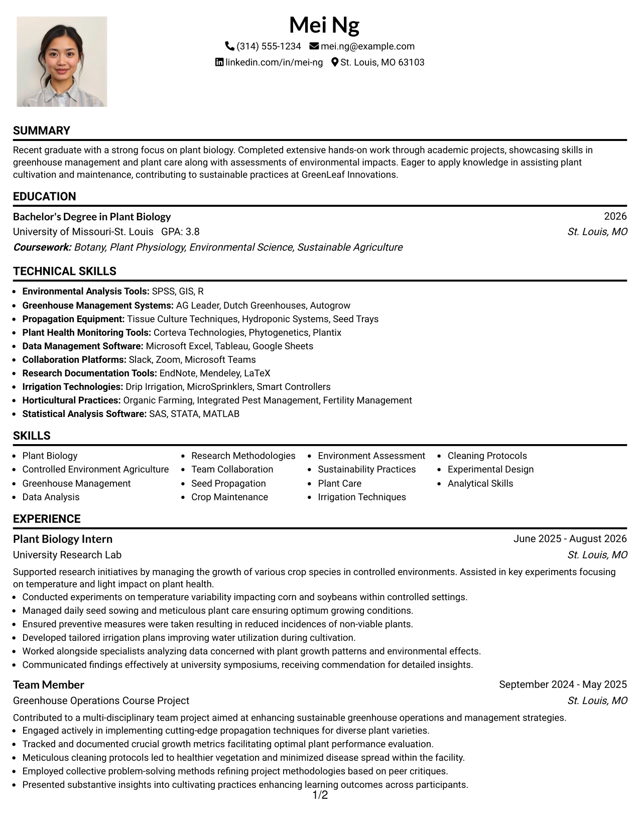 Resume Example Page 1