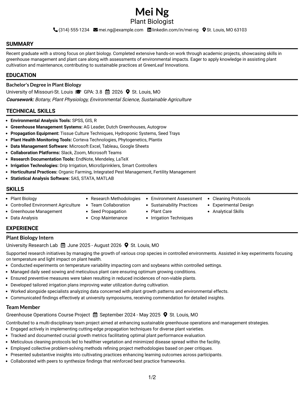 Resume Example Page 1