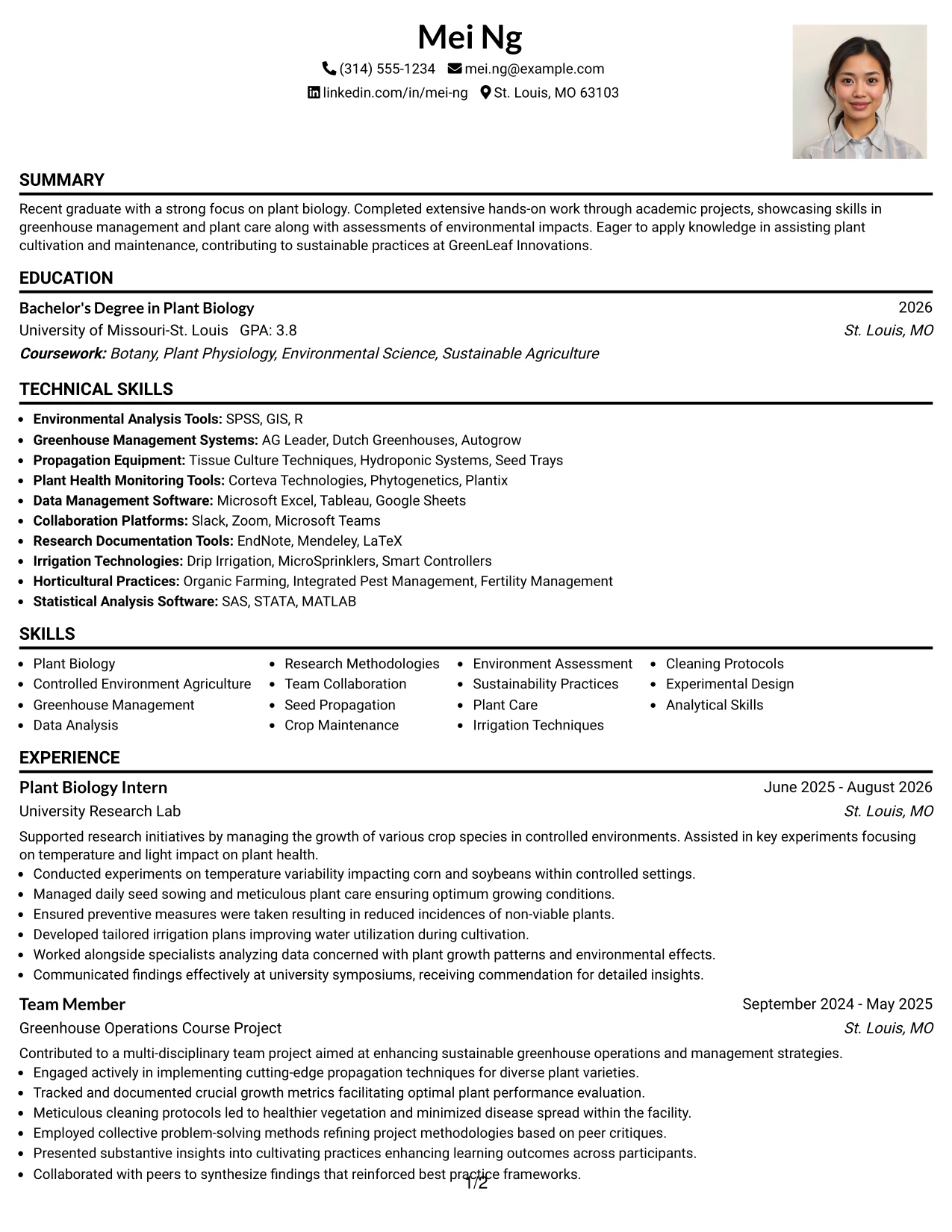 Resume Example Page 1