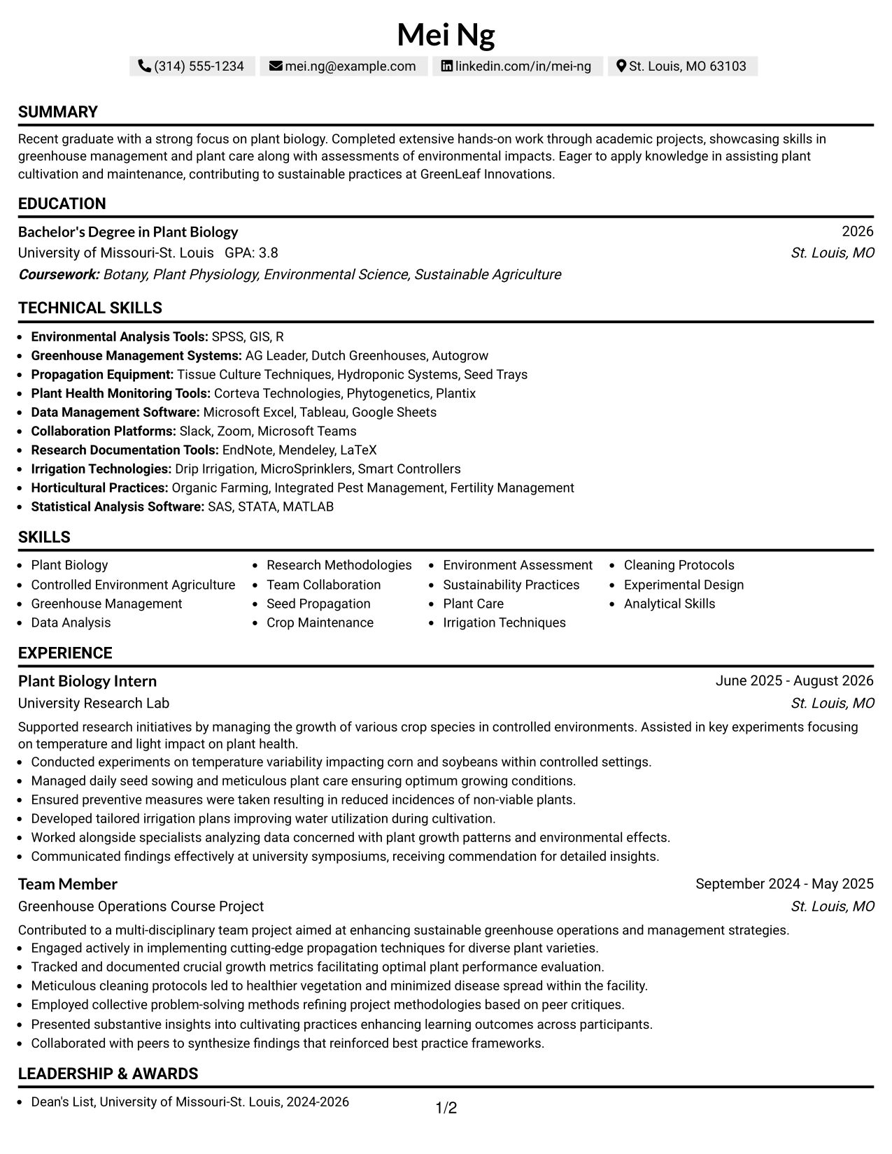 Resume Example Page 1