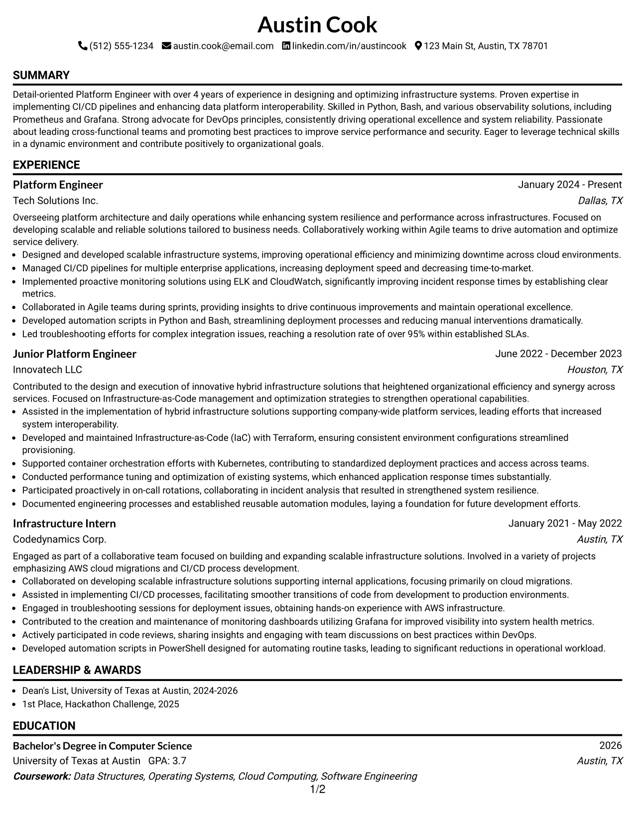 Resume Example Page 1