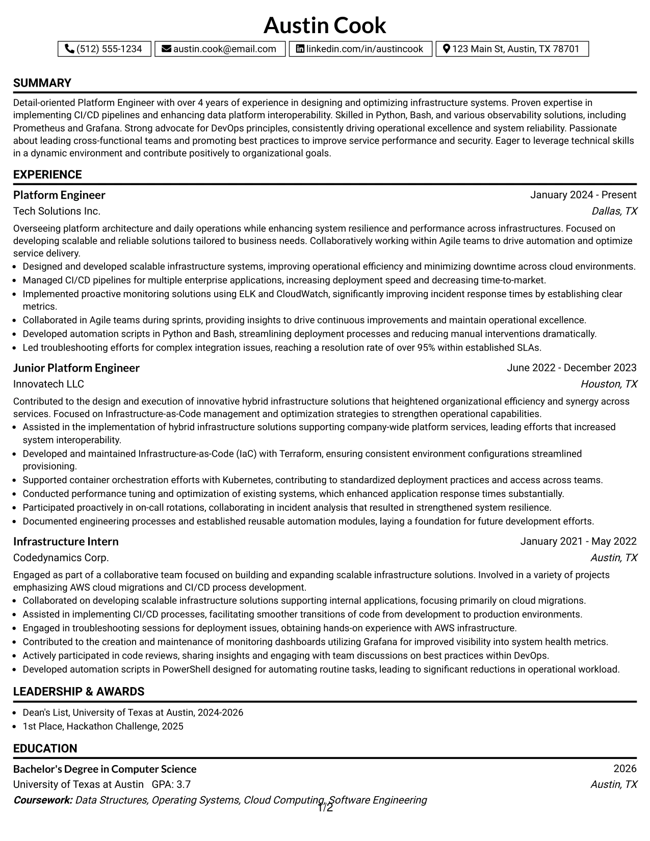 Resume Example Page 1